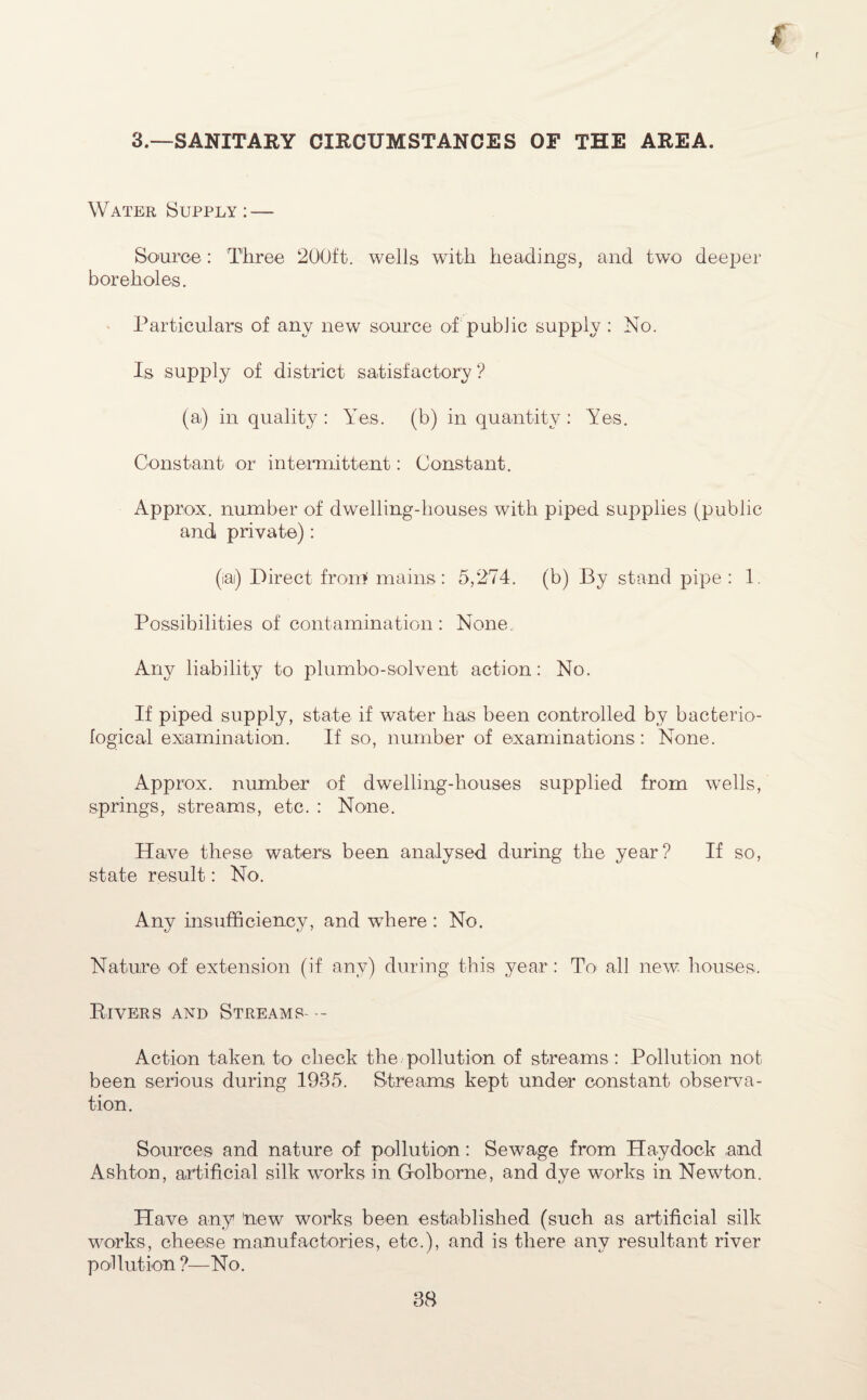 3.—SANITARY CIRCUMSTANCES OF THE AREA. Water Supply: — Source: Three 200ft. wells with headings, and two deeper boreholes. Particulars of any new source of public supply : No. Is supply of district satisfactory? (a) in quality : Yes. (b) in quantity : Yes. Constant or intermittent: Constant. Approx, number of dwelling-houses with piped supplies (public and private): (iai) Direct from* mains: 5,274. (b) By stand pipe : 1. Possibilities of contamination : None. Any liability to plumbo-solvent action: No. If piped supply, state if water has been controlled by bacterio¬ logical examination. If so, number of examinations : None. Approx, number of dwelling-houses supplied from wells, springs, streams, etc. : None. Have these waters been analysed during the year? If so, state result: No. Any insufficiency, and -where : No. Nature of extension (if any) during this year: To all new houses. Rivers and Streams-- Action taken to check the pollution of streams : Pollution not been serious during 1935. Streams kept under constant observa¬ tion. Sources and nature of pollution: Sewage from Haydock and Ashton, artificial silk works in Golborne, and dye works in Newton. Have any 'new works been established (such as artificial silk works, cheese manufactories, etc.), and is there any resultant river pollution ?—No.