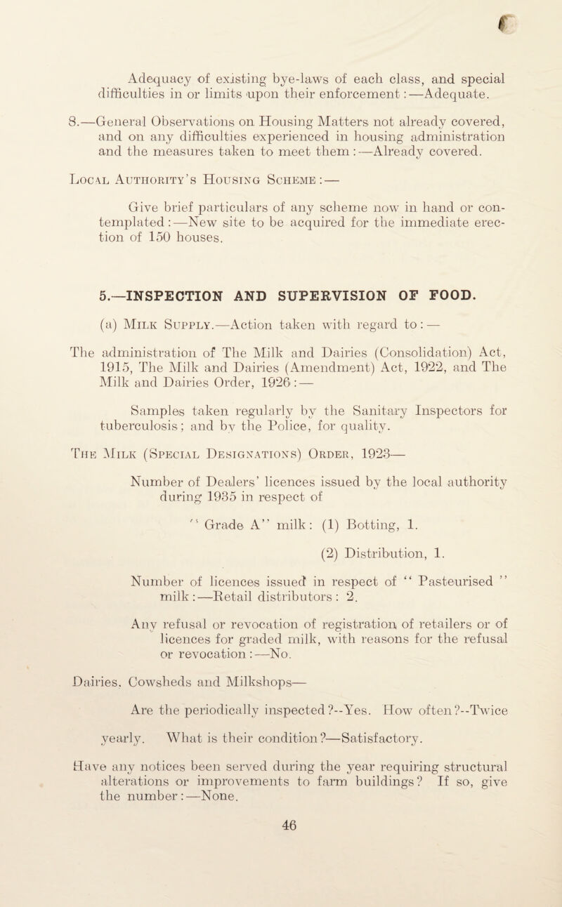 Adequacy of existing bye-laws of each class, and special difficulties in or limits upon their enforcement:—Adequate. 8.—General Observations on Housing Matters not already covered, and on any difficulties experienced in housing administration and the measures taken to meet them :—Already covered. Doc4l Authority’s Housing Scheme: — Give brief particulars of any scheme now in hand or con¬ templated :—New site to be acquired for the immediate erec¬ tion of 150 houses. 5.—INSPECTION AND SUPERVISION OE FOOD. (a) Milk Supply.—Action taken with regard to: — The administration of The Milk and Dairies (Consolidation) Act, 1915, The Milk and Dairies (Amendment) Act, 1922, and The Milk and Dairies Order, 1926 : — Samples taken regularly by the Sanitary Inspectors for tuberculosis; and by the Police, for quality. The Milk (Special Designations) Order, 1923— Number of Dealers’ licences issued by the local authority during 1935 in respect of Grade A” milk: (1) Botting, 1. (2) Distribution, 1. Number of licences issued in respect of “ Pasteurised milk:—Detail distributors: 2. Any refusal or revocation of registration of retailers or of licences for graded milk, with reasons for the refusal or revocation:—No. Dairies, Cowsheds and Milkshops— Are the periodically inspected ?--Yes. How often?--Twice yearly. What is their condition?—Satisfactory. Have any notices been served during the year requiring structural alterations or improvements to farm buildings ? If so, give the number:—None.