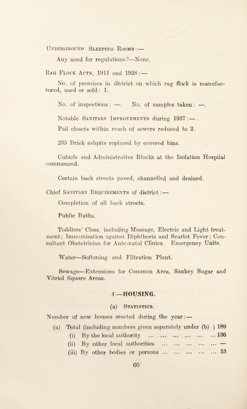 Underground Sleeping Booms: — Any need for regulations?—None. Bag FCock Acts, 1911 and 1928: — No. of premises in district on which rag flock is manufac¬ tured, used or sold: 1. No. of inspections : —. No. of samples taken: —. Notable Sanitary Improvements during 1937:'— Pail closets within reach of sewers reduced to 2. 235 Brick ashpits replaced by covered bins. Cubicle and Administrative Bloc kb at the Isolation Hospdial commenced. Certain back streets paved, channelled and drained. Chief Sanitary Bequirements of district : — Completion of all back streets. Public Baths. Toddlers’ Class, including Massage, Electric and Light treat¬ ment ; Immunisation a,gainst Diphtheria and Scarlet Fever; Con¬ sultant Obstetrician for Ante-natal Clinics. Emergency Units. Water—Softening and Filtration Plant. Sewage—Extensions for Common Area, Sankey Sugar and Vitriol Square Areas. 4—HOUSING. (a) Statistics. Number of new houses erected during the year: — (a) Total (including numbers given separately under (b) ) 189 (i) By the local authority . .... .>136 (ii) By other local authorities .— (iii) By other bodies or persons.53
