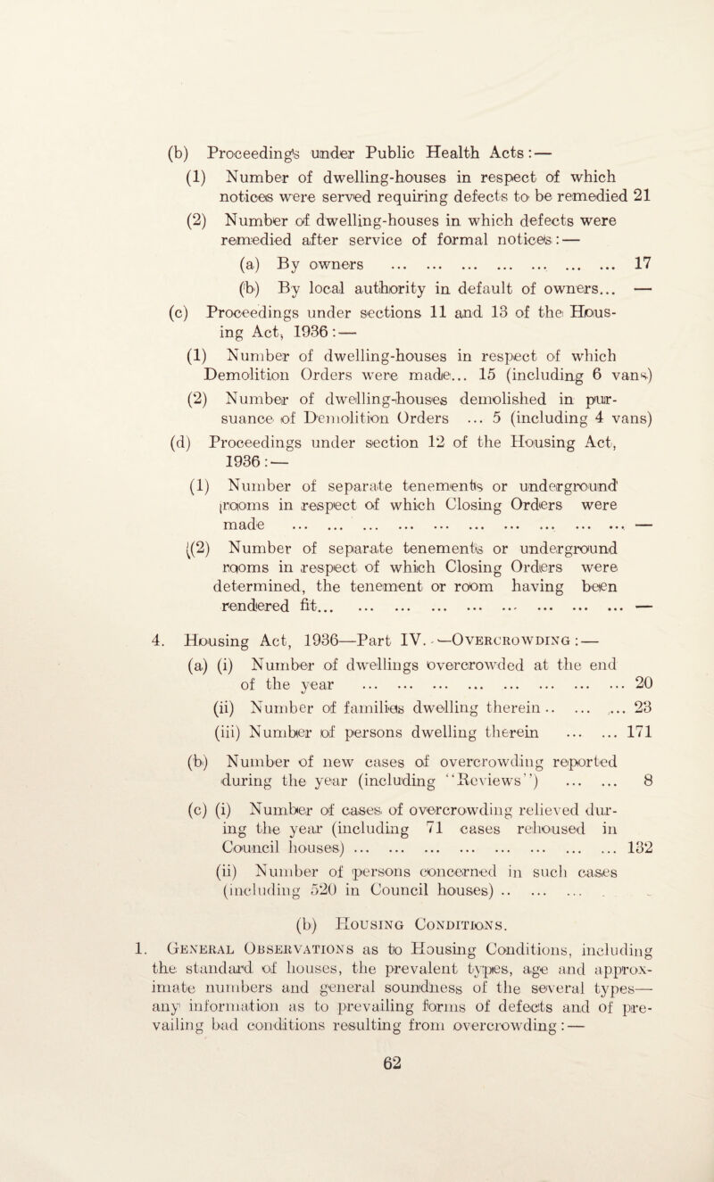 (b) Proceeding’s under Public Health Acts: — (1) Number of dwelling-houses in respect of which notices were served requiring defects to be remedied 21 (2) Number of dwelling-houses in which defects were remedied after service of formal notices : — (a) By owners ., . 17 (b) By local authority in default of owners.,. — (c) Proceedings under sections 11 and 13 of thei Hous¬ ing Act-, 1936: — (1) Number of dwelling-houses in respect of which Demolition Orders were made... 15 (including 6 vans) (2) Number of dwelling-houses demolished in pur¬ suance of Demolition Orders ... 5 (including 4 vans) (d) Proceedings under section 12 of the Housing Act, 1936: — (1) Number of separate tenements or underground [rooms in respect of which Closing Orders were m ade ... ... ... ... ... ... ... ... ... •. • ((2) Number of separate tenements or underground rooms in respect of which Closing Orders were determined, the tenement or room having been rendered fit... ... ... ... ... ... ... ... ... —™—* 4. Housing Act, 1936—Part IV. -—Overcrowding : — (a) (i) Number of dwellings overcrowded at the end of the year .20 (ii) Number of families dwelling therein. .... 23 (iii) Number of persons dwelling therein .171 (b) Number of new cases of overcrowding reported during the year (including “Beviews”) . 8 (c) (i) Number of cases of overcrowding relieved dur¬ ing the year (including 71 cases rehoused in Council houses).132 (ii) Number of persons concerned in such cases (including 520 in Council houses). (b) Housing Conditions. 1. General Observations as to Housing Conditions, including the standard; of houses, the prevalent types, age and approx¬ imate numbers and general soundiiess of the several types— any information as to prevailing forms of defects and of pre¬ vailing bad conditions resulting from overcrowding: —