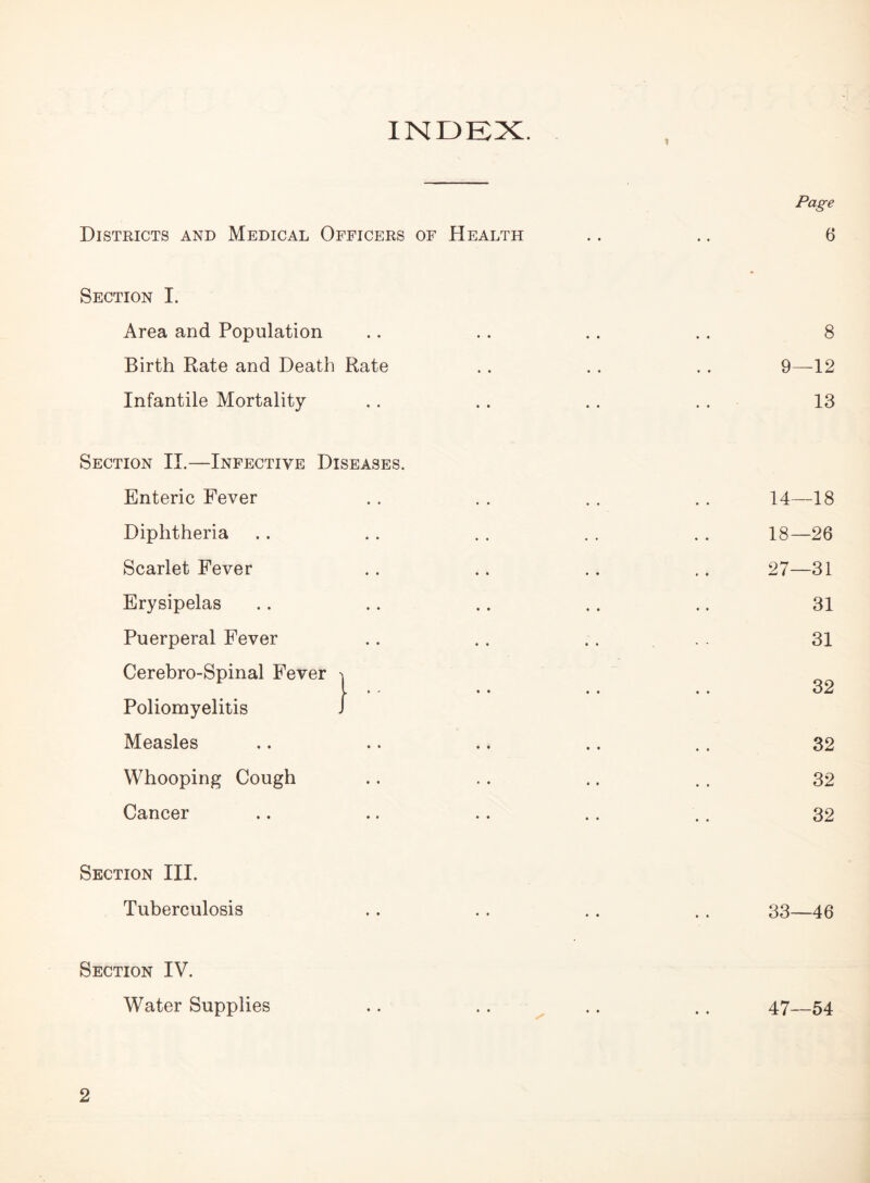 INDEX. Page Districts and Medical Officers of Health .. .. 6 Section I. Area and Population .. .. .. .. 8 Birth Rate and Death Rate .. .. .. 9—12 Infantile Mortality . . . . . . . . 13 Section II.—Infective Diseases. Enteric Fever . . . . . . . . 14—18 Diphtheria .. . . . . . . . . 18—26 Scarlet Fever .. .. .. .. 27—31 Erysipelas .. .. .. .. .. 31 Puerperal Fever .. .. .. . .. 31 Cerebro-Spinal Fever l • ' • • .. • • oA Poliomyelitis J Measles .. .. .. .. .. 32 Whooping Cough .. .. .. .. 32 Cancer .. .. .. .. .. 32 Section III. Tuberculosis .. .. .. .. 33—46 Section IV. Water Supplies .. . . .. .. 47—54