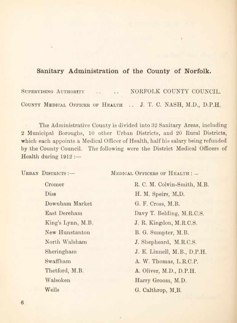 * Sanitary Administration of the County of Norfolk* Supervising Authority .. .. NORFOLK COUNTY COUNCIL. County Medical Officer of Health .. J. T. C. NASH, M.D., D.P.H. The Administrative County is divided into 32 Sanitary Areas, including 2 Municipal Boroughs, 10 other Urban Districts, and 20 Rural Districts, which each appoints a Medical Officer of HeaRh, half his salary being refunded by the County Council. The following were the District Medical Officers of Health during 1912 :— Urban Districts :— Medical Officers of Health : — Walsoken Wells Downham Market East Dereham King’s Lynn, M.B. New Hunstanton North Walsham Sheringham Swaffham Cromer Diss Thetford, M.B. R. C. M. Colvin-Smith, M.B. H. M. Speirs, M.D. G. F. Cross, M.B. Davy T. Belding, M.R.C.S. J. R. Kingdon, M.R.C.S. B. G. Sumpter, M.B. J. Shepheard, M.R.C.S. J. E. Linnell, M.B., D.P.H. A. W. Thomas, L.R.C.P. A. Oliver, M.D., D.P.H. Harry Groom, M.D. G. Calthrop, M.B-