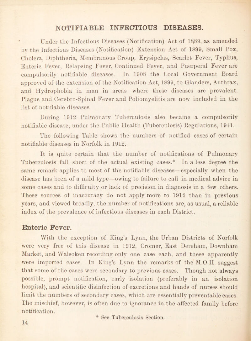 NOTIFIABLE INFECTIOUS DISEASES. Under the Infectious Diseases (Notification) Act of 1889, as amended by the Infectious Diseases (Notification) Extension Act of 1899, Small Pox, Cholera, Diphtheria, Membranous Croup, Erysipelas, Scarlet Fever, Typhus, Enteric Fever, Relapsing Fever, Continued Fever, and Puerperal Fever are compulsorily notifiable diseases. In 1908 the Local Government Board approved of the extension of the Notification Act, 1899, to Glanders, Anthrax, and Hydrophobia in man in areas where these diseases are prevalent. Plague and Cerebro-Spinal Fever and Poliomyelitis are now included in the list of notifiable diseases. During 1912 Pulmonary Tuberculosis also became a compulsorily notifiable disease, under the Public Health (Tuberculosis) Regulations, 1911. The following Table shows the numbers of notified cases of certain notifiable diseases in Norfolk in 1912. It is quite certain that the number of notifications of Pulmonary Tuberculosis fall short of the actual existing cases.* In a less degree the same remark applies to most of the notifiable diseases—especially when the disease has been of a mild type—owing to failure to call in medical advice in some cases and to difficulty or lack of precision in diagnosis in a few others. These sources of inaccuracy do not apply more to 1912 than in previous years, and viewed broadly, the number of notifications are, as usual, a reliable index of the prevalence of infectious diseases in each District. Enteric Fever. With the exception of King’s Lynn, the Urban Districts of Norfolk were very free of this disease in 1912, Cromer, East Dereliam, Downham Market, and Walsoken recording only one case each, and these apparently were imported cases. In King’s Lynn the remarks of the M.O.IL. suggest that some of the cases were secondary to previous cases. Though not always possible, prompt notification, early isolation (preferably in an isolation hospital), and scientific disinfection of excretions and hands of nurses should limit the numbers of secondary cases, which are essentially preventable cases. The mischief, however, is often due to ignorance in the affected family before notification. * See Tuberculosis Section.