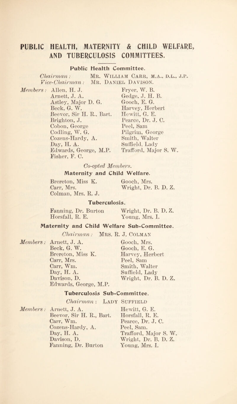 PUBLIC HEALTH, MATERNITY & CHILD WELFARE AND TUBERCULOSIS COMMITTEES. Public Health Committee. Chairman: Mr. William Carr, m.a., d.l., j.p.. Vice-Chairman : Mr. Daniel Davison. Members : Allen, H. J. Arnett, J. A. Astley, Major D. G. Beck, G. W. Beevor, Sir H. B., Bart. Brighton, J. Cobon, George Codling, W. G. Cozens-Hardy, A. Day, H. A. Edwards, George, M.P. Fisher, F. C. Fryer, W. B. Gedge, J. H. B. Gooch, E. G. Harvey, Herbert Hewitt, G. E. Pearce, Dr. J. C. Peel, Sam Pilgrim, George Smith, Walter Suffiekl, Lady Trafford, Major S. W. Co-opted Members. Maternity and Child Welfare. Brereton, Miss K. Gooch, Mrs. Carr, Mrs. Wright, Dr. B. D. Z. Colman, Mrs. R. J. Tuberculosis. Fanning, Dr. Burton Wright, Dr. B. D. Z. Horsfall, R. E. Young, Mrs. I. Maternity and Child Chairnum: \ Members : Arnett, J. A. Beck, G. W. Brereton, Miss K. Carr, Mrs. Carr, Wm. Day, H. A. Davison, D. Edwards, George, Welfare Sub=Committee. [RS. R. J. Colman Gooch, Mrs. Gooch, E. G. Harvey, Herbert Peel, Sam Smith, Walter Suffield, Lady Wright, Dr. B. D. Z. .P. Tuberculosis Sub=Committee. Chairman ; Lady Suffield Members : Arnett, J. A. Beevor, Sir H. R., Bart. Carr, Wm. Cozens-Hardy, A. Day, H. A. Davison, D. Fanning, Dr. Burton Hewitt, G. E. Horsfall, R. E. Pearce, Dr. J. C. Peel, Sam. Trafford, Major S. W. Wright, Dr. B. D. Z. Young, Mrs. I.