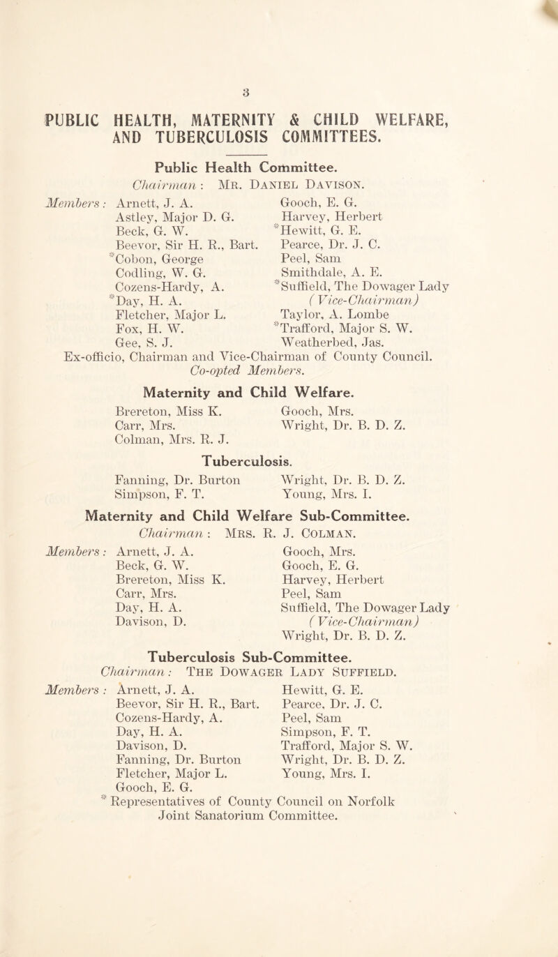 PUBLIC HEALTH, MATERNITY & CHILD WELFARE, AND TUBERCULOSIS COMMITTEES. Public Health Committee. Chairman : Mr. Daniel Davison. Members Arnett, J. A. Astley, Major D. G. Beck, G. W. Beevor, Sir H. R., Bart. Cobon, George Codling, W. G. Cozens-Hardy, A. Day, H. A. Fletcher, Major L. Fox, H. W. Gee, S. J. Gooch, E. G. Harvey, Herbert Hewitt, G. E. Pearce, Dr. J. C. Peel, Sam Smithdale, A. E. Sutheld, The Dowager Lady ( Vice- Chairman) Taylor, A. Lombe Trafford, Major S. W. Weatherbed, Jas. Ex-officio, Chairman and Vice-Chairman of Comity Council. Co-opted Members. Maternity and Child Welfare. Brereton, Miss K. Gooch, Mrs. Carr, Mrs. Wright, Dr. B. D. Z. Colman, Mrs. R. J. Tuberculosis. Fanning, Dr. Burton Wright, Dr. B. D. Z. Simpson, F. T. Young, Mrs. I. Maternity and Child Welfare Sub-Committee. Chairman : Mrs. R. J. Colman. Members: Arnett, J. A. Beck, G. W. Brereton, Miss K. Carr, Mrs. Day, H. A. Davison, D. Gooch, Mrs. Gooch, E. G. Harvey, Herbert Peel, Sam Sufheld, The Dowager Lady ( Vice-Chairman) Wright, Dr. B. D. Z. Tuberculosis Sub-Committee. Chairman: The Dowager Lady Suffield. Members : Arnett, J. A. Beevor, Sir H. R., Bart. Cozens-Hardy, A. Day, H. A. Davison, D. Fanning, Dr. Burton Fletcher, Major L. Hewitt, G. E. Pearce, Dr. J. C. Peel, Sam Simpson, F. T. Trafford, Major S. W. Wright, Dr. B. D. Z. Young, Mrs. I. Gooch, E. G. Representatives of County Council on Norfolk Joint Sanatorium Committee.