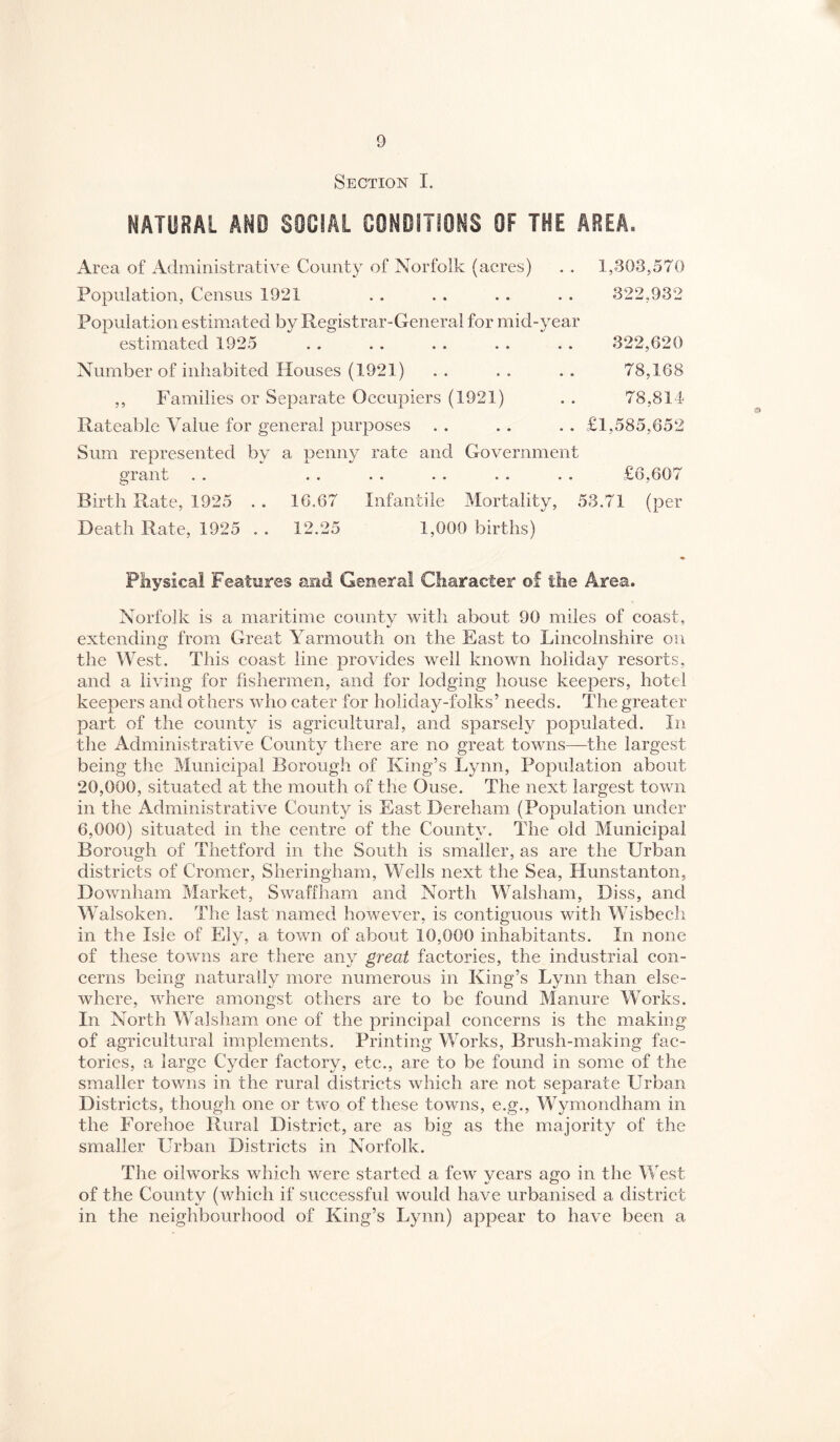 Section I. NATURAL ANO SOCIAL CONDITIONS OF THE AREA. Area of Administrative County of Norfolk (acres) . . 1,303,570 Population, Census 1921 . . . . . . . . 322,932 Population estimated by Registrar-General for mid-year estimated 1925 . . . . . . . . . . 322,620 Number of inhabited Houses (1921) . . . . . . 78,168 ,, Families or Separate Occupiers (1921) . . 78,811 Rateable Value for general purposes . . . . . . £1,585,652 Sum represented by a penny rate and Government grant . . . . . . . . . . . . £6,607 Birth Rate, 1925 . . 16,67 Infantile Mortality, 53,71 (per Death Rate, 1925 . . 12.25 1,000 births) Pliysica! Features and Genera! Character of the Area. Norfolk is a maritime county with about 90 miles of coast, extending from Great Yarmouth on the East to Lincolnshire on the West. This coast line provides well known holiday resorts, and a living for fishermen, and for lodging house keepers, hotel keepers and others who cater for holiday-folks’ needs. The greater part of the county is agricultural, and sparsely populated. In the Administrative County there are no great towns—-the largest being tlie Municipal Borough of King’s Lynn, Population about 20,000, situated at the mouth of the Ouse. The next largest town in the Administrative County is East Dereham (Population under 6,000) situated in the centre of the County. The old Municipal Borough of Thetford in the South is smaller, as are the Urban districts of Cromer, Sheringharn, Wells next the Sea, Hunstanton, Downham Market, Swaffham and North Walsham, Diss, and Walsoken. The last named however, is contiguous with Wisbech in the Isle of Ely, a town of about 10,000 inhabitants. In none of these towns are there any great factories, the industrial con¬ cerns being naturally more numerous in King’s Lynn than else¬ where, where amongst others are to be found Manure Works. In North Walsham one of the principal concerns is the making of agricultural implements. Printing Works, Brush-making fac¬ tories, a large Cyder factory, etc., are to be found in some of the smaller towns in the rural districts which are not separate Urban Districts, though one or two of these towns, e.g., Wymondham in the Forehoe Rural District, are as big as the majority of the smaller Urban Districts in Norfolk. The oilworks which were started a few years ago in the West of the County (which if successful would have urbanised a district in the neighbourhood of King’s Lynn) appear to have been a