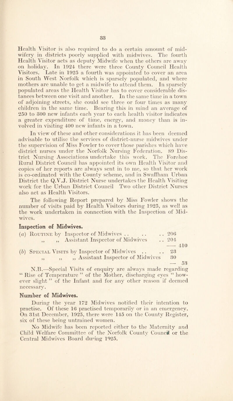Health Visitor is also required to do a eertain amount of mid¬ wifery in districts poorly supplied with inidwives. The fourth Health Visitor acts as deputy Midwife w^hen the others are away on holiday. In 1924 there were three County Council Health Visitors. Late in 1925 a fourth was appointed to cover an area in South West Norfolk which is sparsely populated, and where mothers are unable to get a midwife to attend them. In sparsely populated areas the Health Visitor has to cover considerable dis¬ tances between one visit and another. In the same time in a town of adjoining streets, she could see three or four times as many children in the same time. Bearing this in mind an average of 250 to 300 new infants each year to each health visitor indicates a greater expenditure of time, energy, and money than is in¬ volved in visiting 400 new infants in a town. In view of these and other considerations it has been deemed advisable to utilise the services of district-nurse midwives under the supervision of Miss Fowler to cover those parishes which have district nurses under the Norfolk Nursing Federation. 89 Dis¬ trict Nursing: Associations undertake this work. The Forehoe Rural District Council has appointed its own Health Visitor and copies of her reports are always sent in to me, so that her work is co-ordinated with the County scheme, and in Swaffham Urban District the Q.V.J. District Nurse undertakes the Health Visiting work for the Urban District Council Two other District Nurses also act as Health Visitors. The following Report prepared by Miss Fowler shows the number of visits paid by Health Visitors during 1925, as well as the work undertaken in connection with the Inspection of Mid- wives. Inspection of Midwives. (a) Routine by Inspector of Midwives . . . . . . 206 ,, ,, iVssistant Inspector of Midwives . . 204 -410 (b) Special Visits by Inspector of Midwives . . .. 23 ,. ,, ,, Assistant Inspector of Mid wives 30 — 53 N.B.—Special Visits of enquiry are always made regarding “ Rise of Temperature ” of the Mother, discharging eyes “ liow- ever slight ” of the Infant and for any other reason if deemed necessary. Number of Midwives. During the year 172 Midwives notified their intention to practise. Of these 16 practised temporarily or in an emergency. On 31st December, 1925, there were 145 on the County Register, six of these being untrained women. No Midwife has been reported either to the Maternity and Child Welfare Committee of the Norfolk County Conned or the Central Midwives Board dmdng 1925.