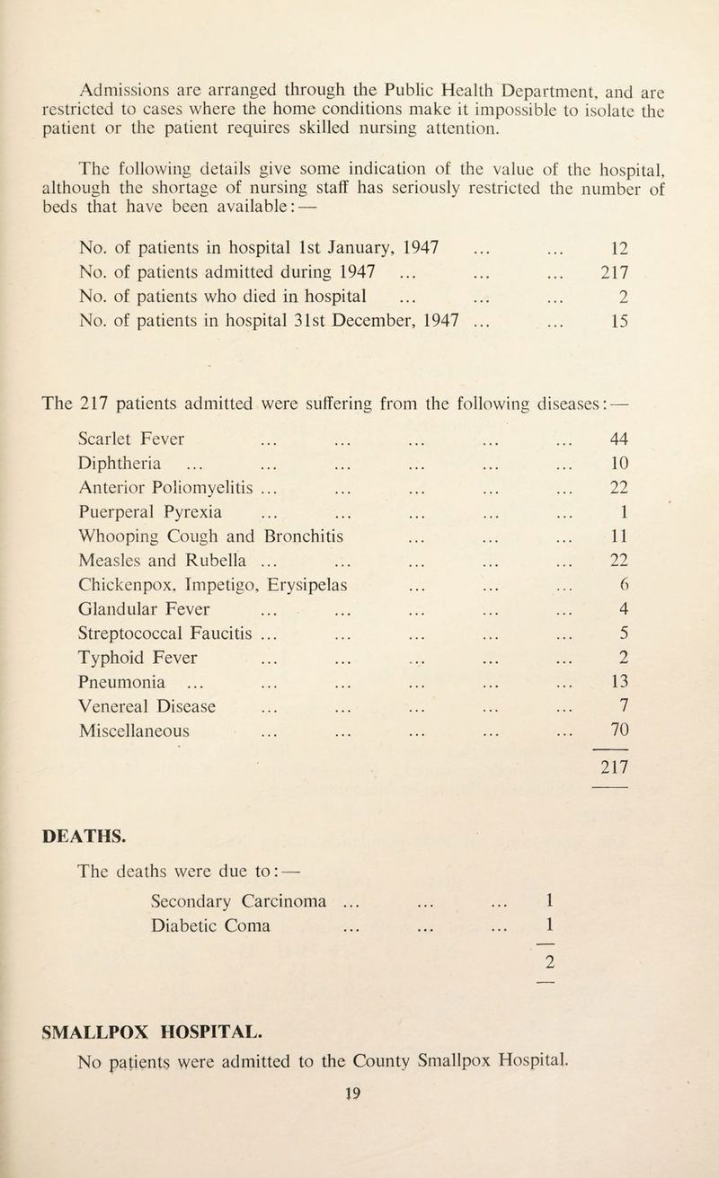 Admissions are arranged through the Public Health Department, and are restricted to cases where the home conditions make it impossible to isolate the patient or the patient requires skilled nursing attention. The following details give some indication of the value of the hospital, although the shortage of nursing staff has seriously restricted the number of beds that have been available: — No. of patients in hospital 1st January, 1947 ... ... 12 No. of patients admitted during 1947 ... ... ... 217 No. of patients who died in hospital ... ... ... 2 No. of patients in hospital 31st December, 1947 ... ... 15 The 217 patients admitted were suffering from the following diseases : — Scarlet Fever ... ... ... ... ... 44 Diphtheria ... ... ... ... ... ... 10 Anterior Poliomyelitis ... ... ... ... ... 22 Puerperal Pyrexia ... ... ... ... ... 1 Whooping Cough and Bronchitis ... ... ... 11 Measles and Rubella ... ... ... ... ... 22 Chickenpox, Impetigo, Erysipelas ... ... ... 6 Glandular Fever ... ... ... ... ... 4 Streptococcal Faucitis ... ... ... ... ... 5 Typhoid Fever ... ... ... ... ... 2 Pneumonia ... ... ... ... ... ... 13 Venereal Disease ... ... ... ... ... 7 Miscellaneous ... ... ... ... ... 70 217 DEATHS. The deaths were due to: — Secondary Carcinoma ... ... ... 1 Diabetic Coma ... ... ... 1 2 SMALLPOX HOSPITAL. No patients were admitted to the County Smallpox Hospital.