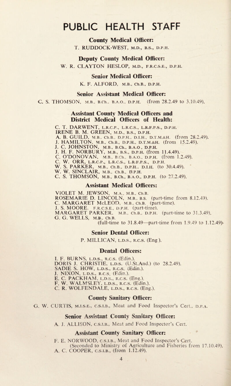 PUBLIC HEALTH STAFF County Medical Officer: T. RUDDOCK-WEST, m.d., b.s., d.p.h. Deputy County Medical Officer: W. R. CLAYTON HESLOP, m.d., f.r.c.s.e., d.p.h. Senior Medical Officer: K. F. ALFORD, m.b., Ch.B.. d.p.h. Senior Assistant Medical Officer: C. S. THOMSON, m.b., B.ch., b.a.o., d.p.h. (from 28.2.49 to 3.10.49). Assistant County Medical Officers and District Medical Officers of Health: C. T. DARWENT, l.r.c.p., l.r.c.s., l.r.f.p.s., d.p.h. IRENE B. M. GREEN, m.d., b.s., d.p.h. A. B. GUILD, m.b.. Ch.B., d.p.h., d.i.h., d.t.m.&h. (from 28.2.49). J. HAMILTON, m b., Ch.B., d.p.h., d.t.m.&h. (from 15.2.49). J. C. JOHNSTON, M B., B.Ch., B.A.O , d.p.h. J. H. F. NORBURY, m.b., b.s., d.p.h. (from 11.4.49). C. O’DONOVAN, M.B., B.ch., b.a.o., d.p.h. (from 1.2.49). C. W. ORR, L.R.C.P., L.R.C.S., L.R.F.P.S., D.P.H. W. S. PARKER, m.b., Ch.B., d.p.h., d.i.h. (to 30.4.49). W. W. SINCLAIR, M.B., Ch.B., d.p.h. C. S. THOMSON, m.b., B.ch., b.a.o., d.p.h. (to 27.2.49). Assistant Medical Officers: VIOLET M. JEWSON, m.a., m.b., Ch.B. ROSEMARIE D. LINCOLN, m.b.. b.s. (part-time from 8.12.49). C. MARGARET McLEOD, m.b., Ch.B. (part-time). J. S. MOORE, f.r.c.s.e., d.p.h. (part-time). MARGARET PARKER, m.b., Ch.B., d.p.h. (part-time to 31.3.49). G. G. WELLS, m.b., Ch.B. (full-time to 31.8.49—part-time from 1.9.49 to 1.12.49)- Senior Dental Officer: P. MILLIGAN, l.d.s., R.c.s. (Eng). Dental Officers: I. F. BURNS, l.d.s., R.c.s. (Edin.). DORIS J. CHRISTIE, l.d.s. (U.St.And.) (to 28.2.49). SADIE S. HOW, l.d.s., R.c.s. (Edin.). J. NIXON, l.d.s., R.c.s. (Edin.). E. C. PACKHAM, l.d.s., r.c.s. (Eng.). F. W. WALMSLEY, l.d.s., r.c.s. (Edin.). C. R. WOLFENDALE, l.d.s., r.c.s. (Eng.). County Sanitary Officer: G. W. CURTIS, m.i.s.e., c.s.i.b., Meat and Food Inspector’s Cert., d.p.a. Senior Assistant County Sanitary Officer: A. J. ALLISON, c.s.i.b., Meat and Food Inspector’s Cert. Assistant County Sanitary Officer: F. E. NORWOOD, c.s.i.b., Meat and Food Inspector’s Cert. (Seconded to Ministry of Agriculture and Fisheries from 17.10.49). A. C. COOPER, c.s.i.b., (from 1.12.49).