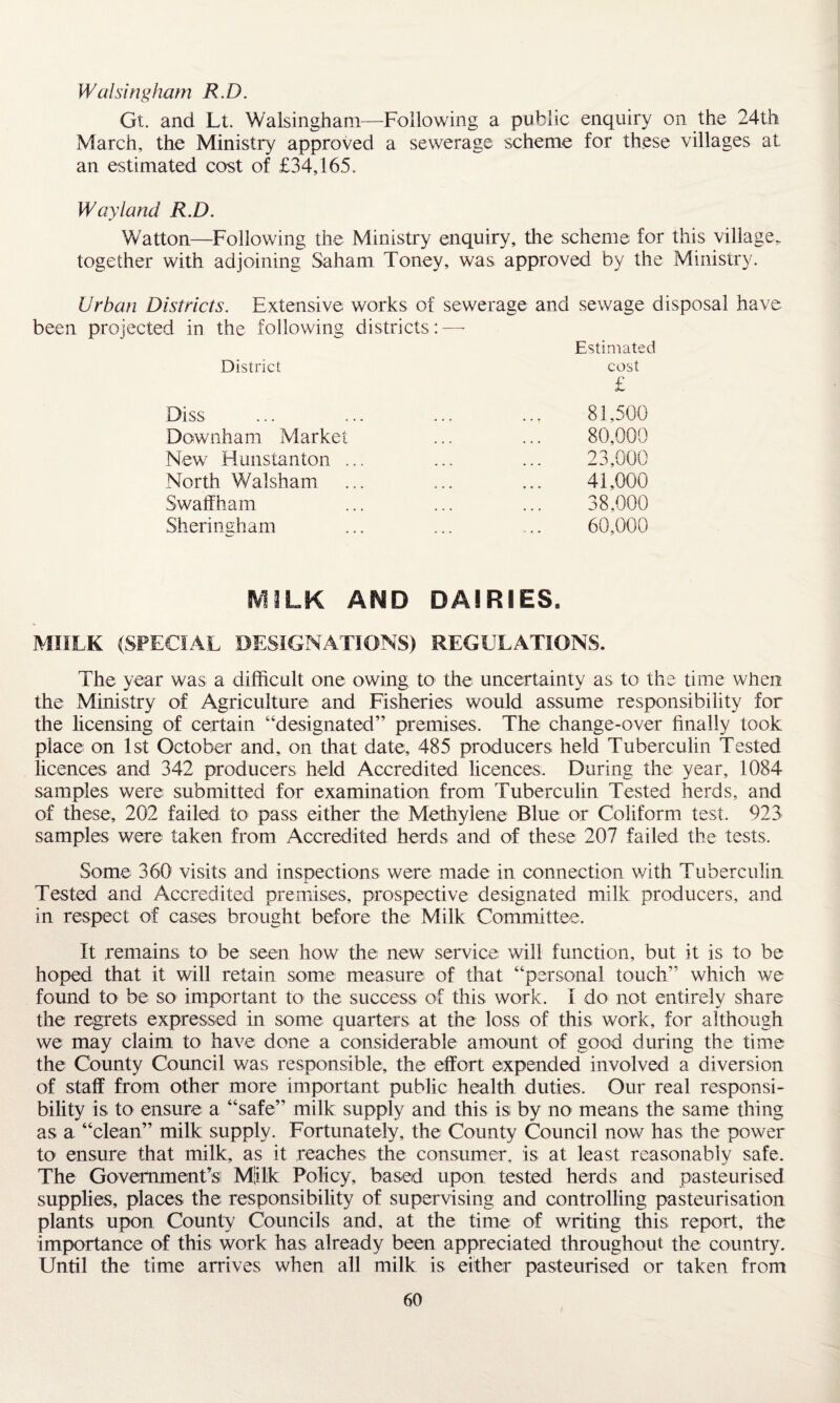 Walsingham R.D. Gt. and Lt. Walsingham—Following a public enquiry on the 24th March, the Ministry approved a sewerage scheme for these villages at an estimated cost of £34,165. Way land R.D. Watton—Following the Ministry enquiry, the scheme for this village, together with adjoining Saham Toney, was approved by the Ministry. Urban Districts. Extensive works of sewerage and sewage disposal have been projected in the following districts:—- District Estimated cost £ Diss 81,500 Downham Market ... 80,000 New Hunstanton ... ... 23,000 North Walsham 41,000 Swaffham 38,000 Sheringham ... 60,000 MILK AND DAIRIES. MIILK (SPECIAL DESIGNATIONS) REGULATIONS. The year was a difficult one owing to the uncertainty as to the time when the Ministry of Agriculture and Fisheries would assume responsibility for the licensing of certain “designated” premises. The change-over finally took place on 1st October and, on that date, 485 producers held Tuberculin Tested licences and 342 producers held Accredited licences:. During the year, 1084 samples were submitted for examination from Tuberculin Tested herds, and of these, 202 failed to pass either the Methylene Blue or Coliform test. 923 samples were taken from Accredited herds and of these 207 failed the tests. Some 360 visits and inspections were made in connection with Tuberculin Tested and Accredited premises, prospective designated milk producers, and in respect of cases brought before the Milk Committee. It remains to be seen how the new service will function, but it is to be hoped that it will retain some measure of that “personal touch” which we found to be so important to the success of this work. I do not entirely share the regrets expressed in some quarters at the loss of this work, for although we may claim to have done a considerable amount of good during the time the County Council was responsible, the effort expended involved a diversion of staff from other more important public health duties. Our real responsi¬ bility is to ensure a “safe” milk supply and this is: by no means the same thing as a “clean” milk supply. Fortunately, the County Council now has the power to ensure that milk, as it reaches the consumer, is at least reasonably safe. The Government’s! Milk Policy, based upon tested herds and pasteurised supplies, places the responsibility of supervising and controlling pasteurisation plants upon County Councils and, at the time of writing this report, the importance of this work has already been appreciated throughout the country. Until the time arrives when all milk is either pasteurised or taken from