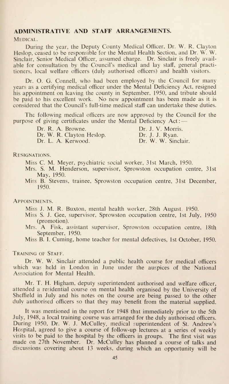 ADMINISTRATIVE AND STAFF ARRANGEMENTS. Medical. During the year, the Deputy County Medical Officer, Dr. W. R. Clayton Heslop, ceased to be responsible for the Mental Health Section, and Dr. W. W. Sinclair, Senior Medical Officer, assumed charge. Dr. Sinclair is freely avail¬ able for consultation by the Council’s medical and lay staff, general practi¬ tioners, local welfare officers (duly authorised officers) and health visitors. Dr. O. G. Connell, who had been employed by the Council for many years as a certifying medical officer under the Mental Deficiency Act, resigned his appointment on leaving the county in September, 1950, and tribute should be paid to his excellent work. No new appointment has been made as it is considered that the Council’s full-time medical staff can undertake these duties. The following medical officers are now approved by the Council for the purpose of giving certificates under the Mental Deficiency Act:— Dr. R. A. Browne. Dr. J. V. Morris. Dr. W. R. Clayton Heslop. Dr. J. J. Ryan. Dr. L. A. Kerwood. Dr. W. W. Sinclair. Resignations. Miss C. M. Meyer, psychiatric social worker, 31st March, 1950. Mrs. S. M. Henderson, supervisor, Sprowston occupation centre, 31st May, 1950. Miss B. Stevens, trainee, Sprowston occupation centre, 31st December, 1950. Appointments. Miss J. M. R. Buxton, mental health worker, 28th August, 1950. Miss S. J. Gee, supervisor, Sprowston occupation centre, 1st July, 1950 (promotion). Mrs. A Fisk, assistant supervisor, Sprowston occupation centre, 18th September, 1950. Miss B. I. Cuming, home teacher for mental defectives, 1st October, 1950. Training of Staff. Dr. W. W. Sinclair attended a public health course for medical officers which was held in London in June under the auspices of the National Association for Mental Health. Mr. T. H. Higham, deputy superintendent authorised and welfare officer, attended a residential course on mental health organised by the University of Sheffield in July and his notes on the course are being passed to the other duly authorised officers so that they may benefit from the material supplied. It was mentioned in the report for 1948 that immediately prior to the 5th July, 1948, a local training course was arranged for the duly authorised officers. During 1950, Dr. W. J. McCulley, medical superintendent of St. Andrew’s Hospital, agreed to give a course of follow-up lectures at a series of weekly visits to be paid to the hospital by the officers in groups. The first visit was made on 27th November. Dr. McCulley has planned a course of talks and discussions covering about 13 weeks, during which an opportunity will be