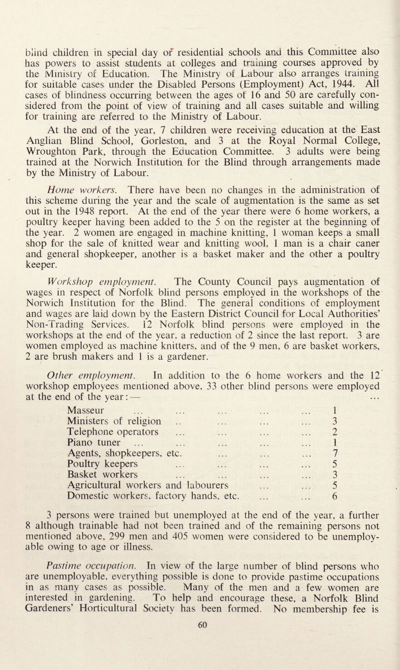 blind children in special day of residential schools and this Committee also has powers to assist students at colleges and training courses approved by the Ministry of Education. The Ministry of Labour also arranges training for suitable cases under the Disabled Persons (Employment) Act, 1944. All cases of blindness occurring between the ages of 16 and 50 are carefully con¬ sidered from the point of view of training and all cases suitable and wilhng for training are referred to the Ministry of Labour. At the end of the year, 7 children were receiving education at the East Anglian Blind School, Gorleston, and 3 at the Royal Normal College, Wroughton Park, through the Education Committee. 3 adults were being trained at the Norwich Institution for the Blind through arrangements made by the Ministry of Labour. Home workers. There have been no changes in the administration of this scheme during the year and the scale of augmentation is the same as set out in the 1948 report. At the end of the year there were 6 home workers, a poultry keeper having been added to the 5 on the register at the beginning of the year. 2 women are engaged in machine knitting, 1 woman keeps a small shop for the sale of knitted wear and knitting wool, 1 man is a chair caner and general shopkeeper, another is a basket maker and the other a poultry keeper. Workshop employment. The County Council pays augmentation of wages in respect of Norfolk blind persons employed in the workshops of the Norwich Institution for the Blind. The general conditions of employment and wages are laid down by the Eastern District Council for Local Authorities’ Non-Trading Services, 12 Norfolk blind persons were employed in the workshops at the end of the year, a reduction of 2 since the last report. 3 are women employed as machine knitters, and of the 9 men, 6 are basket workers, 2 are brush makers and 1 is a gardener. Other employment. In addition to the 6 home workers and the 12 workshop employees mentioned above, 33 other blind persons were employed at the end of the year: — Masseur ... ... ... ... ... 1 Ministers of religion .. ... ... ... 3 Telephone operators ... ... ... ... 2 Piano tuner ... ... ... ... ... 1 Agents, shopkeepers, etc. ... ... ... 7 Poultry keepers ... ... ... ... 5 Basket workers ... ... ... ... 3 Agricultural workers and labourers ... ... 5 Domestic workers, factory hands, etc. ... ... 6 3 persons were trained but unemployed at the end of the year, a further 8 although trainable had not been trained and of the remaining persons not mentioned above, 299 men and 405 women were considered to be unemploy¬ able owing to age or illness. Pastime occupation. In view of the large number of blind persons who are unemployable, everything possible is done to provide pastime occupations in as many cases as possible. Many of the men and a few women are interested in gardening. To help and encourage these, a Norfolk Blind Gardeners’ Horticultural Society has been formed. No membership fee is