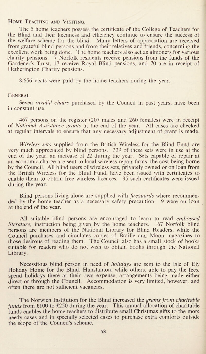 Home Teaching and Visiting. The 5 home teachers possess the certificate of the College of Teachers for the Blind and their keenness and efficiency continue to ensure the success of the welfare scheme for the blind. Many letters of appreciation are received from grateful blind persons and from their relatives and friends, concerning the excellent work being done. The home teachers also act as almoners for various charity pensions. 7 Norfolk residents receive pensions from the funds of the Gardener’s Trust, 17 receive Royal Blind pensions, and 70 are in receipt of Hetherington Charity pensions. 8,656 visits were paid by the home teachers during the year. General. Seven invalid chairs purchased by the Council in past years, have been in constant use. 467 persons on the register (207 males and 260 females) were in receipt of National Assistance grants at the end of the year. All cases are checked at regular intervals to ensure that any necessary adjustment of grant is made. Wireless sets supplied from the British Wireless for the Blind Fund are very much appreciated by blind persons. 339 of these sets were in use at the end of the year, an increase of 22 during the year. Sets capable of repair at an economic charge are sent to local wireless repair firms, the cost being borne by the Council. All blind users of wireless sets, privately owned or on loan from the British Wireless for the Blind Fund, have been issued with certificates to enable them to obtain free wireless licences. 95 such certificates were issued during the year. Blind persons living alone are supplied with fireguards where recommen¬ ded by the home teacher as a necessary safety precaution. 9 were on loan at the end of the year. All suitable blind persons are encouraged to learn to read embossed literature, instruction being given by the home teachers. 67 Norfolk blind persons are members of the National Library for Blind Readers, while the Council purchases and circulates copies of Braille and Moon magazines to those desirous of reading them. The Council also has a small stock of books suitable for readers who do not wish to obtain books through the National Library. Necessitous blind person in need of holidays are sent to the Isle of Ely Holiday Home for the Blind, Hunstanton, while others, able to pay the fees, spend holidays there at their own expense, arrangements being made either direct or through the Council. Accommodation is very limited, however, and often there are not sufficient vacancies. The Norwich Institution for the Blind increased the grants from charitable funds from £100 to £250 during the year. This annual allocation of charitable funds enables the home teachers to distribute small Christmas gifts to the more needy cases and in specially selected cases to purchase extra comforts outside the scope of the Council’s scheme.