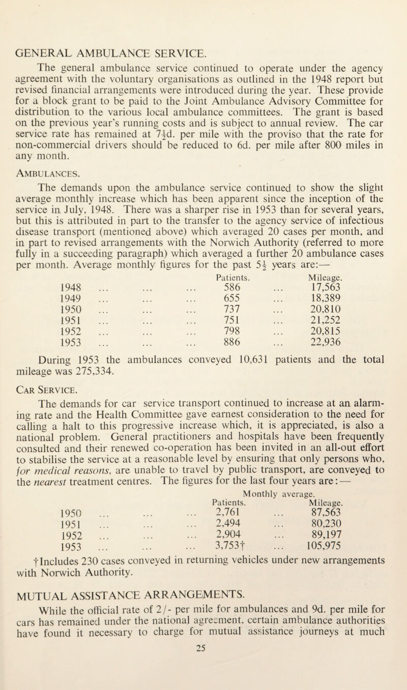 GENERAL AMBULANCE SERVICE. The general ambulance service continued to operate under the agency agreement with the voluntary organisations as outlined in the 1948 report but revised financial arrangements were introduced during the year. These provide for a block grant to be paid to the Joint Ambulance Advisory Committee for distribution to the various local ambulance committees. The grant is based on the previous year’s running costs and is subject to annual review. The car service rate has remained at 7^d. per mile with the proviso that the rate for non-commercial drivers should be reduced to 6d. per mile after 800 miles in any month. Ambulances. The demands upon the ambulance service continued to show the slight average monthly increase which has been apparent since the inception of the service in July, 1948. There was a sharper rise in 1953 than for several years, but this is attributed in part to the transfer to the agency service of infectious disease transport (mentioned above) which averaged 20 cases per month, and in part to revised arrangements with the Norwich Authority (referred to more fully in a succeeding paragraph) which averaged a further 20 ambulance cases per month. Average monthly figures for the past 5J years are:— Patients. Mileage. 1948 ... ... ... 586 ... 17,563 1949 ... ... ... 655 ... 18,389 1950 ... ... ... 737 ... 20,810 1951 ... ... ... 751 ... 21,252 1952 ... ... ... 798 ... 20,815 1953 ... ... ... 886 ... 22,936 During 1953 the ambulances conveyed 10,631 patients and the total mileage was 275,334. Car Service. The demands for car service transport continued to increase at an alarm¬ ing rate and the Health Committee gave earnest consideration to the need for calling a halt to this progressive increase which, it is appreciated, is also a national problem. General practitioners and hospitals have been frequently consulted and their renewed co-operation has been invited in an all-out effort to stabilise the service at a reasonable level by ensuring that only persons who, for medical reasons, are unable to travel by public transport, are conveyed to the nearest treatment centres. The figures for the last four years are: — Monthly average. Patients. Mileage. 1950 ... 2,761 87,563 1951 2,494 80,230 1952 ... 2,904 89,197 1953 . 3,7531 105,975 ylncludes 230 cases conveyed in returning vehicles under new arrangements with Norwich Authority. MUTUAL ASSISTANCE ARRANGEMENTS. While the official rate of 2/- per mile for ambulances and 9d. per mile for cars has remained under the national agreement, certain ambulance authorities have found it necessary to charge for mutual assistance journeys at much