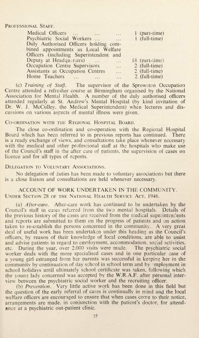 Professional Staff. Medical Officers Psychiatric Social Workers ... Duly Authorised Officers holding com¬ bined appointments as Local Welfare Officers (including Superintendent and Deputy at Headquarters) Occupation Centre Supervisors Assistants at Occupation Centres Home Teachers 18 (Dart-time) 2 (full-time) 2 (full-time) 2 (full-time) 1 (part-time) 1 (full-time) (c) Training of Staff. The supervisor of the Sprowston Occupation Centre attended a refresher course at Birmingham organised by the National Association for Mental Health. A number of the duly authorised officers attended regularly at St. Andrew’s Mental Hospital (by kind invitation of Dr. W. J. McCulley, the Medical Superintendent) when lectures and dis¬ cussions on various aspects of mental illness were given. Co-ordination with the Regional Hospital Board. The close co-ordination and co-operation with the Regional Hospital Board which has been referred to in previous reports has continued. There is a ready exchange of views, and consultations take place whene\er necessary with the medical and other professional staff at the hospitals who make use of the Council’s staff in the after care of patients, the supervision of cases on licence and for all types of reports. Delegation to Voluntary Associations. No delegation of duties has been made to voluntary associations but there is a close liaison and consultations are held whenever necessary. ACCOUNT OF WORK UNDERTAKEN IN THE COMMUNITY. Under Section 28 of the National Health Service Act, 1946. (a) After-care. After-care work has continued to be undertaken by the Council’s staff in cases referred from the two mental hospitals. Details of the previous history of the cases are received from the medical superintendents and reports are submitted to them on the progress of patients and on action taken to re-establish the persons concerned in the community. A very great deal of useful work has been undertaken under this heading as the Council’s officers, by reason of their knowledge of local conditions, are able to assist and advise patients in regard to emDloyment, accommodation, social activities, etc. During the year, over 2,000 visits were made. The psychiatric social worker deals with the more specialised cases and in one particular case of a young girl estranged from her parents was successful in keeping her in the communitv by continuation of day school in school term and by employment in school holidays until ultimately school certificate was taken, following which the young lady concerned was accepted by the W.R.A.F. after personal inter¬ view between the psychiatric social worker and the recruiting officer. (b) Prevention. Very little active work has been done in this field but the question of the early referral of cases is continually in mind and the local welfare officers are encouraged to ensure that when cases come to their notice, arrangements are made, in conjunction with the patient’s doctor, for attend¬ ance at a psychiatric out-patient clinic.