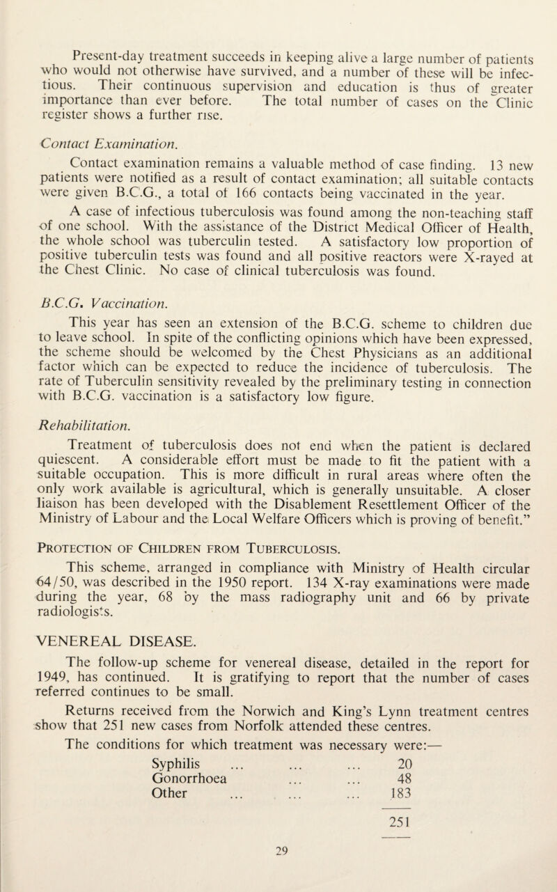 Present-day treatment succeeds in keeping alive a large number of patients who would not otherwise have survived, and a number of these will be infec¬ tious. Their continuous supervision and education is thus of greater importance than ever before. The total number of cases on the Clinic register shows a further rise. Contact Examination. Contact examination remains a valuable method of case finding. 13 new patients were notified as a result of contact examination; all suitable contacts were given B.C.G., a total of 166 contacts being vaccinated in the year. A case of infectious tuberculosis was found among the non-teaching staff of one school. With the assistance of the District Medical Officer of Health, the whole school was tuberculin tested. A satisfactory low proportion of positive tuberculin tests was found and all positive reactors were X-rayed at the Chest Clinic. No case of clinical tuberculosis was found. B.C.G. Vaccination. This year has seen an extension of the B.C.G. scheme to children due to leave school. In spite of the conflicting opinions which have been expressed, the scheme should be welcomed by the Chest Physicians as an additional factor which can be expected to reduce the incidence of tuberculosis. The rate of Tuberculin sensitivity revealed by the preliminary testing in connection with B.C.G. vaccination is a satisfactory low figure. Rehabilitation. Treatment of tuberculosis does not end when the patient is declared quiescent. A considerable effort must be made to fit the patient with a suitable occupation. This is more difficult in rural areas where often the only work available is agricultural, which is generally unsuitable. A closer liaison has been developed with the Disablement Resettlement Officer of the Ministry of Labour and the Local Welfare Officers which is proving of benefit.” Protection of Children from Tuberculosis. This scheme, arranged in compliance with Ministry of Health circular 64/50, was described in the 1950 report. 134 X-ray examinations were made during the year, 68 by the mass radiography unit and 66 by private radiologists. VENEREAL DISEASE, The follow-up scheme for venereal disease, detailed in the report for 1949, has continued. It is gratifying to report that the number of cases referred continues to be small. Returns received from the Norwich and King’s Lynn treatment centres show that 251 new cases from Norfolk attended these centres. The conditions for which treatment was necessary were:— Syphilis ... ... ... 20 Gonorrhoea ... ... 48 Other ... ... ... 183 251