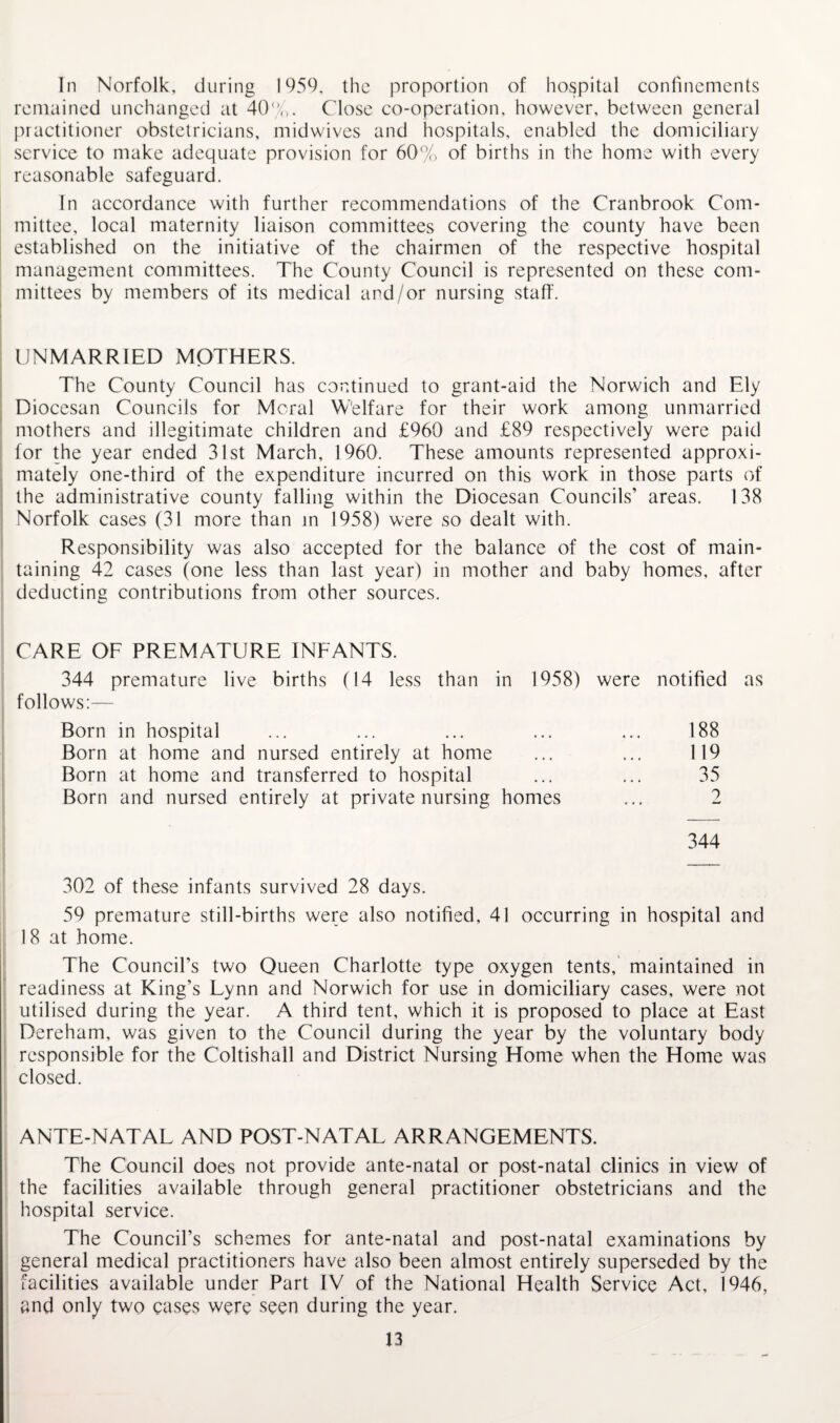 In Norfolk, during 1959, the proportion of hospital confinements remained unchanged at 40't. Close co-operation, however, between general practitioner obstetricians, midwives and hospitals, enabled the domiciliary service to make adequate provision for 60^^ of births in the home with every reasonable safeguard. In accordance with further recommendations of the Cranbrook Com¬ mittee, local maternity liaison committees covering the county have been established on the initiative of the chairmen of the respective hospital management committees. The County Council is represented on these com¬ mittees by members of its medical and/or nursing staff. : UNMARRIED MOTHERS. ' The County Council has continued to grant-aid the Norwich and Ely , Diocesan Councils for Moral Welfare for their work among unmarried : mothers and illegitimate children and £960 and £89 respectively were paid ; for the year ended 31st March, 1960. These amounts represented approxi¬ mately one-third of the expenditure incurred on this work in those parts of the administrative county falling within the Diocesan Councils’ areas. 138 Norfolk cases (31 more than m 1958) were so dealt with. I I Responsibility was also accepted for the balance of the cost of main¬ taining 42 cases (one less than last year) in mother and baby homes, after deducting contributions from other sources. CARE OF PREMATURE INFANTS. 344 premature live births (14 less than in 1958) were notified as follows:— Born in hospital ... ... ... ... ... 188 Born at home and nursed entirely at home ... ... 119 Born at home and transferred to hospital ... ... 35 Born and nursed entirely at private nursing homes ... 2 344 302 of these infants survived 28 days. 59 premature still-births were also notified, 41 occurring in hospital and ^ 18 at home. ; The Council’s two Queen Charlotte type oxygen tents,' maintained in I readiness at King’s Lynn and Norwich for use in domiciliary cases, were not I utilised during the year. A third tent, which it is proposed to place at East j Dereham, was given to the Council during the year by the voluntary body I responsible for the Coltishall and District Nursing Home when the Home was closed. ANTE-NATAL AND POST-NATAL ARRANGEMENTS. The Council does not provide ante-natal or post-natal clinics in view of the facilities available through general practitioner obstetricians and the hospital service. The Council’s schemes for ante-natal and post-natal examinations by general medical practitioners have also been almost entirely superseded by the facilities available under Part IV of the National Health Service Act, 1946, and only two cases were seen during the year.