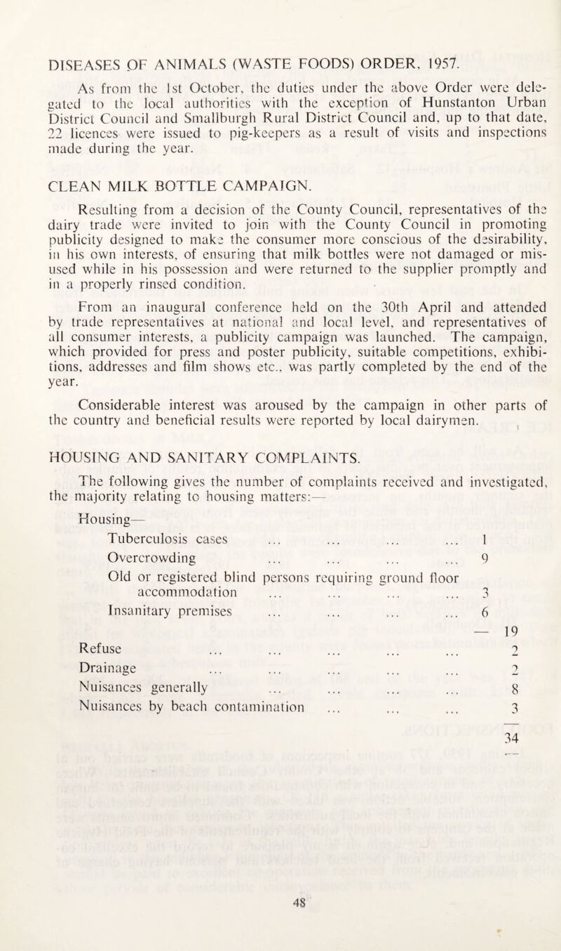 DISEASES OF ANIMALS (WASTE FOODS) ORDER, 1957. As from the 1st October, the duties under the above Order were dele¬ gated to the local authorities with the exception of Hunstanton Urban District Council and Smaliburgh Rural District Council and, up to that date, 22 licences were issued to pig-keepers as a result of visits and inspections made during the year. CLEAN MILK BOTTLE CAMPAIGN. Resulting from a decision of the County Council, representatives of the dairy trade were invited to join with the County Council in promoting publicity designed to make the consumer more conscious of the desirability, in his own interests, of ensuring that milk bottles were not damaged or mis¬ used while in his possession and were returned to the supplier promptly and in a properly rinsed condition. From an inaugural conference held on the 30th April and attended by trade representatives at national and local level, and representatives of all consumer interests, a publicity campaign was launched. The campaign, which provided for press and poster publicity, suitable competitions, exhibi¬ tions, addresses and film shows etc., was partly completed by the end of the year. Considerable interest was aroused by the campaign in other parts of the country and beneficial results were reported by local dairymen. ^ HOUSING AND SANITARY COMPLAINTS. The following gives the number of complaints received and investigated, the majority relating to housing matters:— Housing— Tuberculosis cases ... ... ... ... 1 Overcrowding ... ... ... ... 9 Old or registered blind persons requiring ground floor accommodation ... ... ... ... 3 Insanitary premises ... ... ... ... 6 — 19 r^efuse ... ... ... ... ... 2 Drainage ... ... ... ... ... 2 Nuisances generally ... ... ... ... 8 Nuisances by beach contamination ... ... ... 3 34