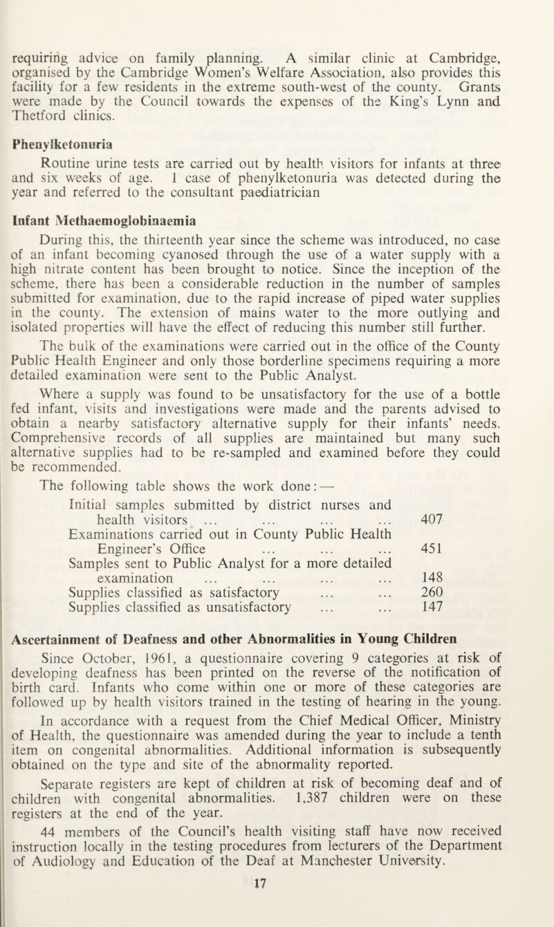 requiring advice on family planning. A similar clinic at Cambridge, organised by the Cambridge Women’s Welfare Association, also provides this facility for a few residents in the extreme south-west of the county. Grants were made by the Council towards the expenses of the King’s Lynn and Thetford clinics. Phenylketonuria Routine urine tests are carried out by health visitors for infants at three and six weeks of age. 1 case of phenylketonuria was detected during the year and referred to the consultant paediatrician Infant Methaemoglobinaemia During this, the thirteenth year since the scheme was introduced, no case of an infant becoming cyanosed through the use of a water supply with a high nitrate content has been brought to notice. Since the inception of the scheme, there has been a considerable reduction in the number of samples submitted for examination, due to the rapid increase of piped water supplies in the county. The extension of mains water to the more outlying and isolated properties will have the effect of reducing this number still further. The bulk of the examinations were carried out in the office of the County Public Health Engineer and only those borderline specimens requiring a more detailed examination were sent to the Public Analyst. Where a supply was found to be unsatisfactory for the use of a bottle fed infant, visits and investigations were made and the parents advised to obtain a nearby satisfactory alternative supply for their infants’ needs. Comprehensive records of all supplies are maintained but many such alternative supplies had to be re-sampled and examined before they could be recommended. The following table shows the work done: — Initial samples submitted by district nurses and health visitors ... ... ... ... 407 Examinations carried out in County Public Health Engineer’s Office ... ... ... 451 Samples sent to Public Analyst for a more detailed examination ... ... ... ... 148 Supplies classified as satisfactory ... ... 260 Supplies classified as unsatisfactory ... ... 147 Ascertainment of Deafness and other Abnormalities in Young Children Since October, 1961, a questionnaire covering 9 categories at risk of developing deafness has been printed on the reverse of the notification of birth card. Infants who come within one or more of these categories are followed up by health visitors trained in the testing of hearing in the young. In accordance with a request from the Chief Medical Officer, Ministry of Health, the questionnaire was amended during the year to include a tenth item on congenital abnormalities. Additional information is subsequently obtained on the type and site of the abnormality reported. Separate registers are kept of children at risk of becoming deaf and of children with congenital abnormalities. 1,387 children were on these registers at the end of the year. 44 members of the Council’s health visiting staff have now received instruction locally in the testing procedures from lecturers of the Department of Audiology and Education of the Deaf at Manchester University.