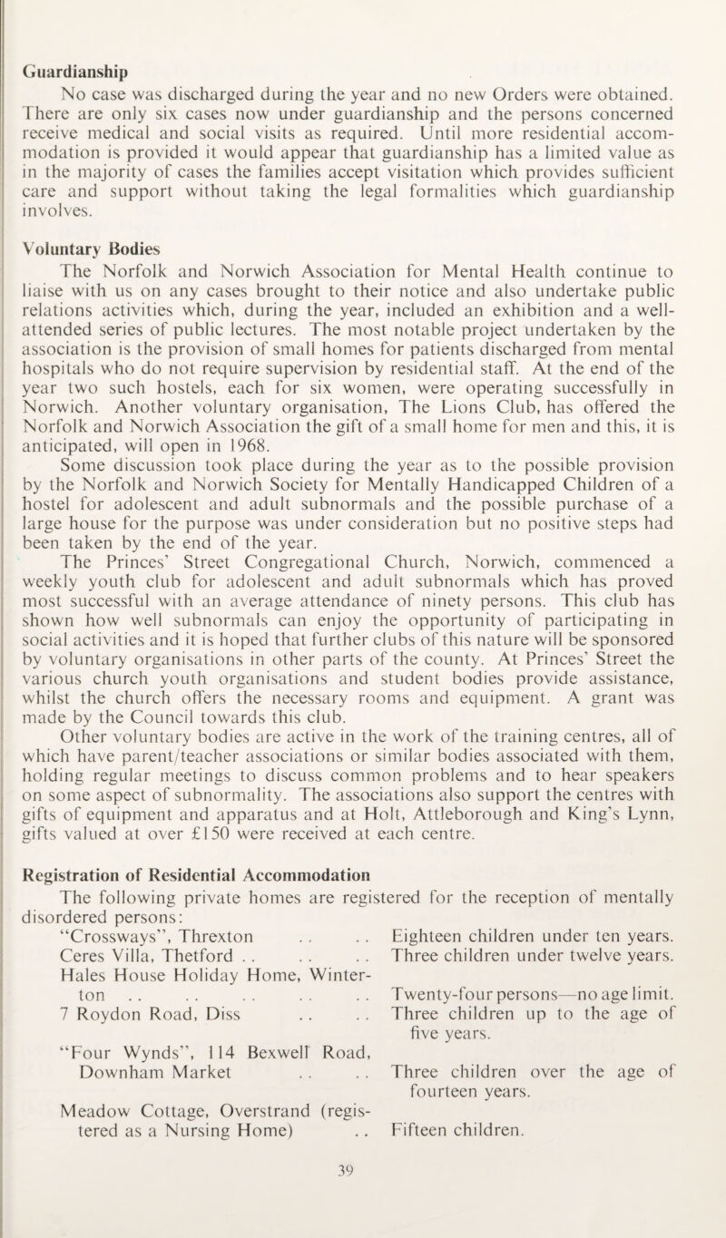 Guardianship No case was discharged during the year and no new Orders were obtained. There are only six cases now under guardianship and the persons concerned receive medical and social visits as required. Until more residential accom¬ modation is provided it would appear that guardianship has a limited value as in the majority of cases the families accept visitation which provides sufficient care and support without taking the legal formalities which guardianship involves. Voluntary Bodies The Norfolk and Norwich Association for Mental Health continue to liaise with us on any cases brought to their notice and also undertake public relations activities which, during the year, included an exhibition and a well- attended series of public lectures. The most notable project undertaken by the association is the provision of small homes for patients discharged from mental hospitals who do not require supervision by residential staff. At the end of the year two such hostels, each for six women, were operating successfully in Norwich. Another voluntary organisation, The Lions Club, has offered the Norfolk and Norwich Association the gift of a small home for men and this, it is anticipated, will open in 1968. Some discussion took place during the year as to the possible provision by the Norfolk and Norwich Society for Mentally Handicapped Children of a hostel for adolescent and adult subnormals and the possible purchase of a large house for the purpose was under consideration but no positive steps had been taken by the end of the year. The Princes’ Street Congregational Church, Norwich, commenced a weekly youth club for adolescent and adult subnormals which has proved most successful with an average attendance of ninety persons. This club has shown how well subnormals can enjoy the opportunity of participating in social activities and it is hoped that further clubs of this nature will be sponsored by voluntary organisations in other parts of the county. At Princes’ Street the various church youth organisations and student bodies provide assistance, whilst the church offers the necessary rooms and equipment. A grant was made by the Council towards this club. Other voluntary bodies are active in the work of the training centres, all of which have parent/teacher associations or similar bodies associated with them, holding regular meetings to discuss common problems and to hear speakers on some aspect of subnormality. The associations also support the centres with gifts of equipment and apparatus and at Holt, Attleborough and King’s Lynn, gifts valued at over £150 were received at each centre. Registration of Residential Accommodation The following private homes are registered for the reception of mentally disordered persons: “Crossways”, Threxton Ceres Villa, Thetford Hales House Holiday Home, Winter- ton 7 Roydon Road, Diss Eighteen children under ten years. Three children under twelve years. “Four Wynds”, 114 Bexwell Road, Downham Market Meadow Cottage, Overstrand (regis¬ tered as a Nursing Home) Twenty-four persons—no age limit. Three children up to the age of five years. Three children over the age of fourteen years. Fifteen children.