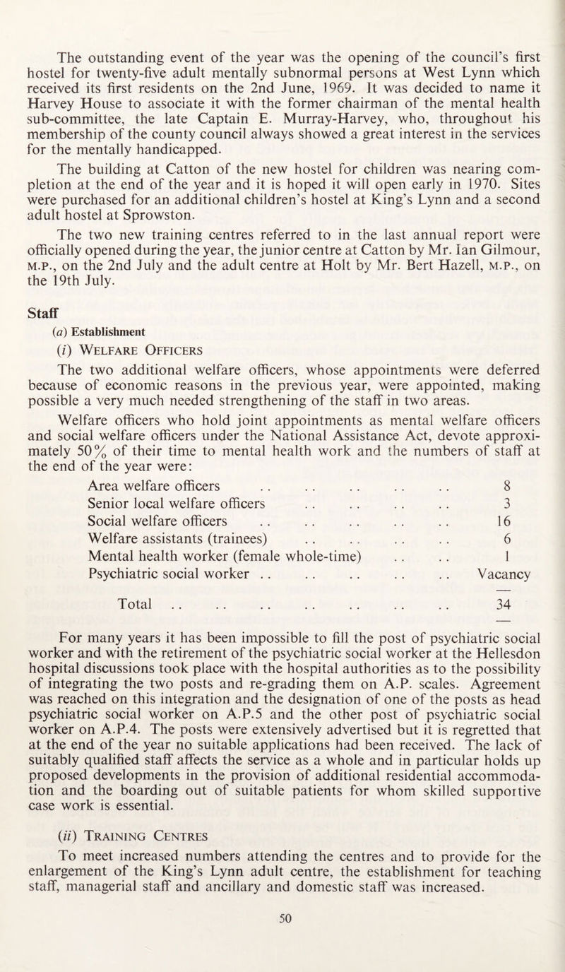 The outstanding event of the year was the opening of the council’s first hostel for twenty-five adult mentally subnormal persons at West Lynn which received its first residents on the 2nd June, 1969. It was decided to name it Harvey House to associate it with the former chairman of the mental health sub-committee, the late Captain E. Murray-Harvey, who, throughout his membership of the county council always showed a great interest in the services for the mentally handicapped. The building at Catton of the new hostel for children was nearing com¬ pletion at the end of the year and it is hoped it will open early in 1970. Sites were purchased for an additional children’s hostel at King’s Lynn and a second adult hostel at Sprowston. The two new training centres referred to in the last annual report were officially opened during the year, the junior centre at Catton by Mr. Ian Gilmour, m.p., on the 2nd July and the adult centre at Holt by Mr. Bert Hazell, m.p., on the 19th July. Staff (a) Establishment (0 Welfare Officers The two additional welfare officers, whose appointments were deferred because of economic reasons in the previous year, were appointed, making possible a very much needed strengthening of the staff in two areas. Welfare officers who hold joint appointments as mental welfare officers and social welfare officers under the National Assistance Act, devote approxi¬ mately 50% of their time to mental health work and the numbers of staff at the end of the year were: Area welfare officers .. .. .. .. .. 8 Senior local welfare officers .. . . .. .. 3 Social welfare officers .. .. .. .. .. 16 Welfare assistants (trainees) .. .. .. .. 6 Mental health worker (female whole-time) .. .. 1 Psychiatric social worker .. .. .. .. .. Vacancy Total .. .. .. .. .. .. .. 34 For many years it has been impossible to fill the post of psychiatric social worker and with the retirement of the psychiatric social worker at the Hellesdon hospital discussions took place with the hospital authorities as to the possibility of integrating the two posts and re-grading them on A.P. scales. Agreement was reached on this integration and the designation of one of the posts as head psychiatric social worker on A.P.5 and the other post of psychiatric social worker on A.P.4. The posts were extensively advertised but it is regretted that at the end of the year no suitable applications had been received. The lack of suitably qualified staff affects the service as a whole and in particular holds up proposed developments in the provision of additional residential accommoda¬ tion and the boarding out of suitable patients for whom skilled supportive case work is essential. (ii) Training Centres To meet increased numbers attending the centres and to provide for the enlargement of the King’s Lynn adult centre, the establishment for teaching staff, managerial staff and ancillary and domestic staff' was increased.