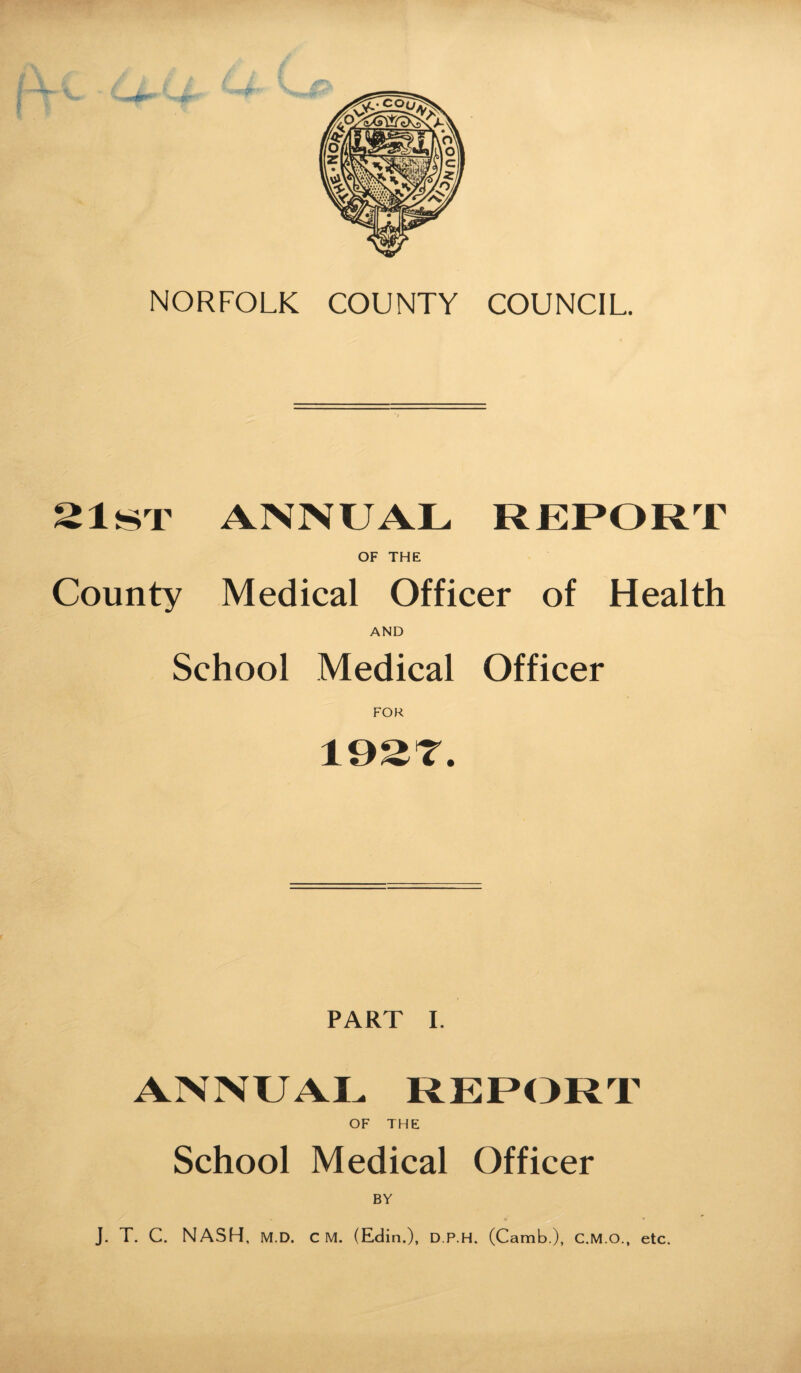 21st annual report OF THE County Medical Officer of Health AND School Medical Officer FOR 192T. PART I. ANNUAL REPORT OF THE School Medical Officer BY