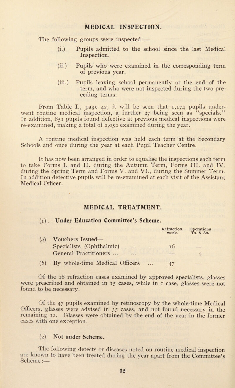 MEDICAL INSPECTION. The following groups were inspected:— (i.) Pupils admitted to the school since the last Medical Inspection. (ii.) Pupils who were examined in the corresponding term of previous year. (iii.) Pupils leaving school permanently at the end of the term, and who were not inspected during the two pre¬ ceding terms. From Table I., page 42, it will be seen that 1,174 pupils under¬ went routine medical inspection, a further 27 being seen as “specials.” In addition, 851 pupils found defective at previous medical inspections were re-examined, making a total of 2,052 examined during the year. A routine medical inspection was held each term at the Secondary Schools and once during the year at each Pupil Teacher Centre. It has now been arranged in order to equalise the inspections each term to take Forms I. and II. during the Autumn Term, Forms III. and IV. during the Spring Term and Forms V. and VI., during the Summer Term. In addition defective pupils will be re-examined at each visit of the Assistant Medical Officer. MEDICAL TREATMENT. (1). Under Education Committee’s Scheme. Refraction work. Operations Ts. & As- (a) Vouchers Issued— Specialists (Ophthalmic) General Practitioners ... 16 (b) By whole-time Medical Officers 47 — Of the 16 refraction cases examined by approved specialists, glasses were prescribed and obtained in 15 cases, while in 1 case, glasses were not found to be necessary. Of the 47 pupils examined by retinoscopy by the whole-time Medical Officers, glasses were advised in 35 cases, and not found necessary in the remaining 12. Glasses were obtained by the end of the year in the former cases with one exception . (2) Not under Scheme. The following defects or diseases noted on routine medical inspection are known to have been treated during the year apart from the Committee’s Scheme:—