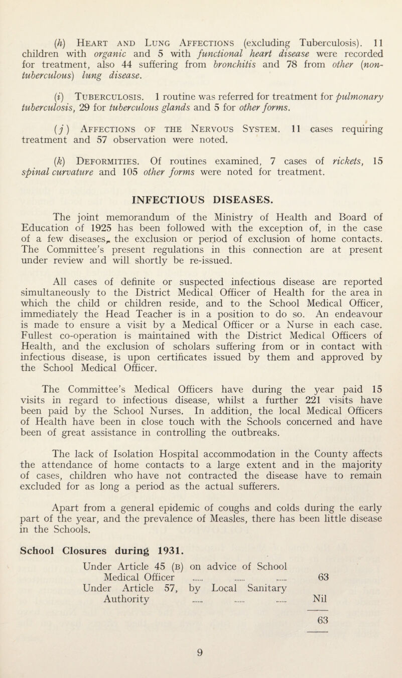 (h) Heart and Lung Affections (excluding Tuberculosis). 11 children with organic and 5 with functional heart disease were recorded for treatment, also 44 suffering from bronchitis and 78 from other (non- tuberculous) lung disease. (i) Tuberculosis. 1 routine was referred for treatment lor pulmonary tuberculosis, 29 for tuberculous glands and 5 for other forms. (j) Affections of the Nervous System. 11 cases requiring treatment and 57 observation were noted. (k) Deformities. Of routines examined, 7 cases of rickets, 15 spinal curvature and 105 other forms were noted for treatment. INFECTIOUS DISEASES. The joint memorandum of the Ministry of Health and Board of Education of 1925 has been followed with the exception of, in the case of a few diseases,, the exclusion or period of exclusion of home contacts. The Committee’s present regulations in this connection are at present under review and will shortly be re-issued. All cases of definite or suspected infectious disease are reported simultaneously to the District Medical Officer of Health for the area in which the child or children reside, and to the School Medical Officer, immediately the Head Teacher is in a position to do so. An endeavour is made to ensure a visit by a Medical Officer or a Nurse in each case. Fullest co-operation is maintained with the District Medical Officers of Health, and the exclusion of scholars suffering from or in contact with infectious disease, is upon certificates issued by them and approved by the School Medical Officer. The Committee’s Medical Officers have during the year paid 15 visits in regard to infectious disease, whilst a further 221 visits have been paid by the School Nurses. In addition, the local Medical Officers of Health have been in close touch with the Schools concerned and have been of great assistance in controlling the outbreaks. The lack of Isolation Hospital accommodation in the County affects the attendance of home contacts to a large extent and in the majority of cases, children who have not contracted the disease have to remain excluded for as long a period as the actual sufferers. Apart from a general epidemic of coughs and colds during the early part of the year, and the prevalence of Measles, there has been little disease in the Schools. School Closures during 1931. Under Article 45 (b) on advice of School Medical Officer . . . 63 Under Article 57, by Local Sanitary Authority . . . Nil 63