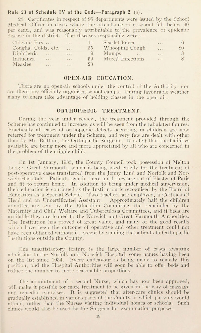 Rule 23 of Schedule IV of the Code—Paragraph 2 (a). 234 Certificates in respect of 95 departments were issued by the School Medical ()fficer in cases where the attendance of a school fell below 60 per cent., and was reasonably attributable to the prevalence of epidemic disease in the district. The diseases responsible were :— Chicken Pox ••• 11 Scarlet Fever ... Coughs, Colds, etc. 35 Whooping Cough Diphtheria 9 Mumps Influenza 59 Mixed Infections Measles 23 OPEN=AIR EDUCATION. There are no open-air schools under the control of the Authority, nor are there any officially organised school camps. During favourable weather many teachers take advantage of holding classes in the open air. ORTHOPEDIC TREATMENT. During the year under review, the treatment provided through the Scheme has continued to increase, as will be seen from the tabulated figures. Practically all cases of orthopaedic defects occurring in children are now referred for treatment under the Scheme, and very few are dealt with other than by Mr. Brittain, the Orthopaedic Surgeon. It is felt that the facilities available are being more and more appreciated by all who are concerned in the problem of the cripple child. On 1st January, 1935, the County Council took possession of Melton Lodge, Great Yarmouth, which is being used chiefly for the treatment of post-operative cases transferred from the Jenny Lind and Norfolk and Nor¬ wich Hospitals. Patients remain there until they are out of Plaster of Paris and fit to return home. In addition to being under medical supervision, their education is continued as the Institution is recognised by the Board of Education as a Special School. Two teachers are employed, a Certificated Head and an Uncertificated Assistant. Approximately half the children admitted are sent by the Education Committee, the remainder by the Maternity and Child Welfare and Tuberculosis Committees, and if beds are available they are loaned to the Norwich and Great Yarmouth Authorities. The Institution has proved of great value, and many of the good results which have been the outcome of operative and other treatment could not have been obtained without it, except by sending the patients to Orthopaedic Institutions outside the County. One unsatisfactory feature is the large number of cases awaiting admission to the Norfolk and Norwich Hospital, some names having been on the list since 1934. Every endeavour is being made to remedy this position, and the Hospital Authorities will soon be able to offer beds and reduce the number to more reasonable proportions. The appointment of a second Nurse, which has now been approved, will make it possible for more treatment to be given in the way of massage and remedial exercises. It is suggested that after-care clinics should be gradually established in various parts of the County at which patients would attend, rather than the Nurses visiting individual homes or schools. Such clinics would also be used by the Surgeon for examination purposes.