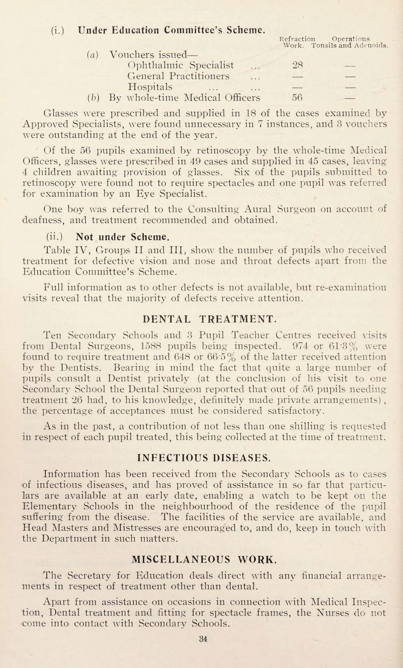 (i.) Under Education Committee’s Scheme. (a) Vouchers issued— Refraction Operations Work. Tonsils and Adenoids Ophthalmic Specialist 28 — General Practitioners -—- — Hospitals — — (b) By whole-time Medical Officers 56 — Glasses were prescribed and supplied in 18 of the cases examined by Approved Specialists, were found unnecessary in 7 instances, and 3 vouchers were outstanding at the end of the year. Of the 56 pupils examined by retinoscopy by the whole-time Medical Officers, glasses were prescribed in 49 cases and supplied in 45 cases, leaving 4 children awaiting provision of glasses. Six of the pupils submitted to retinoscopy were found not to require spectacles and one pupil was referred for examination by an Eye Specialist. One boy was referred to the Consulting Aural Surgeon on account of deafness, and treatment recommended and obtained. (ii.) Not under Scheme. Table IV, Groups II and III, show the number of pupils who received treatment for defective vision and nose and throat defects apart from the Education Committee’s Scheme. Full information as to other defects is not available, but re-examination visits reveal that the majority of defects receive attention. DENTAL TREATMENT. Ten Secondary Schools and 3 Pupil Teacher Centres received visits from Dental Surgeons, 1588 pupils being inspected. 974 or 6T3% were found to require treatment and 648 or 66'5% of the latter received attention by the Dentists. Bearing in mind the fact that quite a large number of pupils consult a Dentist privately (at the conclusion of his visit to one Secondary School the Dental Surgeon reported that out of 56 pupils needing treatment 26 had, to his knowledge, definitely made private arrangements), the percentage of acceptances must be considered satisfactory. As in the past, a contribution of not less than one shilling is requested in respect of each pupil treated, this being collected at the time of treatment. INFECTIOUS DISEASES. Information has been received from the Secondary Schools as to cases of infectious diseases, and has proved of assistance in so far that particu¬ lars are available at an early date, enabling a watch to be kept on the Elementary Schools in the neighbourhood of the residence of the pupil suffering from the disease. The facilities of the service are available, and Head Masters and Mistresses are encouraged to, and do, keep in touch with the Department in such matters. MISCELLANEOUS WORK. The Secretary for Education deals direct with any financial arrange¬ ments in respect of treatment other than dental. Apart from assistance on occasions in connection with Medical Inspec¬ tion, Dental treatment and fitting for spectacle frames, the Nurses do not come into contact with Secondary Schools.