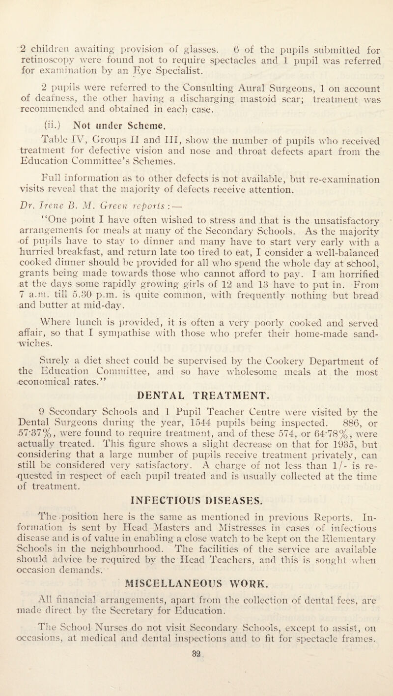 2 children awaiting provision of glasses. 6 of the pupils submitted for retinoscopy were found not to require spectacles and 1 pupil was referred for examination by an Eye vSpecialist. 2 pupils were referred to the Consulting Aural Surgeons, 1 on account of deafness, the other having a discharging mastoid scar; treatment was recommended and obtained in each case. (ii.) Not under Scheme. Table IV, Groups II and III, show the number of pupils who received treatment for defective vision and nose and throat defects apart from the Education Committee’s Schemes. Full information as to other defects is not available, but re-examination visits reveal that the majority of defects receive attention. Dr. Irene B. M. Green reports : — “One point I have often wished to stress and .that is the unsatisfactory arrangements for meals at many of the Secondary Schools. As the majority of pupils have to stay to dinner and many have to start very early with a hurried breakfast, and return late too tired to eat, I consider a well-balanced cooked dinner should be provided for all who spend the whole day at school, grants being made towards those who cannot afford to pay. I am horrified at the days some rapidly growing girls of 12 and 13 have to put in. From 7 a.m. till 5.30 p.m. is quite common, with frequently nothing but bread and butter at mid-day. Where lunch is provided, it is often a very poorly cooked and served affair, so that I sympathise with those who prefer their home-made sand¬ wiches. Surely a diet sheet could be supervised by the Cookery Department of the Education Committee, and so have wholesome meals at the most economical rates.” DENTAL TREATMENT. 9 Secondary Schools and 1 Pupil Teacher Centre were visited by the Dental Surgeons during the year, 1544 pupils being inspected. 886, or .57*37%, were found to require treatment, and of these 574, or 64*78%, were actually treated. This figure shows a slight decrease on that for 1935, but considering that a large number of pupils receive treatment privately, can still be considered very satisfactory. A charge of not less than l/- is re¬ quested in respect of each pupil treated and is usually collected at the time of treatment. INFECTIOUS DISEASES. The position here is the same as mentioned in previous Reports. In¬ formation is sent by Head Masters and Mistresses in cases of infectious disease and is of value in enabling a close watch to be kept on the Elementary Schools in the neighbourhood. The facilities of the service are available should advice be required by the Head Teachers, and this is sought when occasion demands. MISCELLANEOUS WORK. All financial arrangements, apart from the collection of dental fees, are made direct by the Secretary for Education. The School Nurses do not visit Secondary Schools, except to assist, on occasions, at medical and dental inspections and to fit for spectacle frames.