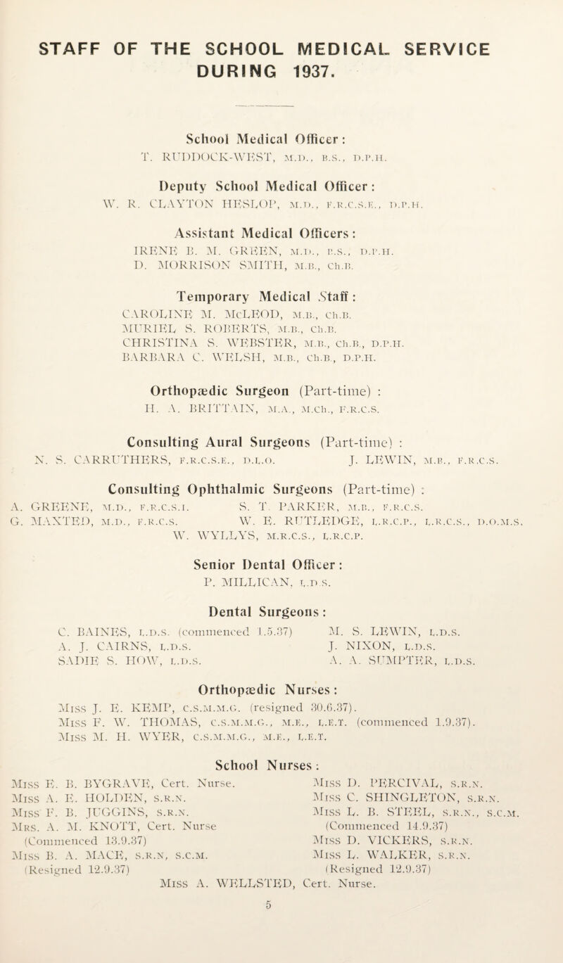 STAFF OF THE SCHOOL MEDICAL SERVICE DURING 1937. School Medical Officer : T. RUDDOCK-WEST, m.d., b.s., d.p.h. Deputy School Medical Officer : W. R. CLAYTON HESLOP, m.d., f.r.c.s.e., d.p.h. Assistant Medical Officers: IRENE B. M. GREEN, m.d., b.s., d.p.h. D. MORRISON SMITH, m.b., ch.B. Temporary Medical .Staff: CAROLINE M. McLEOD, m.b., ch.B. AIURIEL S. ROBERTS, m.b., ch.B. CHRISTINA S. WEBSTER, m.b., ch.B., d.p.h. BARBARA C. WELSH, m.b., ch.B., d.p.h. Orthopaedic Surgeon (Part-time) : H. A. BRITTAIN, m.a., M.ch., f.r.c.s. Consulting Aural Surgeons N. S. CARRUTHERS, f.r.c.s.e., d.f.o. (Part-time) : J. LEWIN, m.b., f.r.c.s. A. GREENE, G. AIANTED, Consulting Ophthalmic Surgeons (Part-time) : m.d., f.r.c.s.i. S. T. PARKER, m.b., f.r.c.s. m.d., f.r.c.s. W. E. RUTLEDGE, f.R.c.p., f.r.c.s., W. WYLLYS, m.r.c.s., l.r.c.p. D.O.M.S, Senior Dental Officer: P. MILLICAN. f.d.s. Dental Surgeons: C. BAINES, f.d.S. (commenced A. J. CAIRNS, f.d.s. SADIE S. HOW, f.d.s. 1.5.37) M. S. LEWIN, f.d.s. J. NIXON, f.d.s. A. A. SUMPTER, f.d.s. Orthopaedic Nurses: Miss J. E. KEMP, c.s.m.m.g. (resigned 30.G.37). Miss F. W. THOMAS, C.S.M.M.G., m.k., f.E.T. (commenced 1.9.37) Miss AI. H. WYER, c.s.m.m.g., m.e., f.e.t. School Nurses Miss E. B. BYGRAVE, Cert. Nurse. AIiss A. E. HOLDEN, s.r.n. Miss' F. B. JUGGINS, s.r.n. Mrs. A. AI. KNOTT, Cert. Nurse (Commenced 13.9.37) AIiss B. A. A1ACE, s.r.n, s.c.m. (Resigned 12.9.37) AIiss D. PERCIVAL, s.r.n. AIiss C. SHINGLETON, s.r.n. AIiss L. B. STEEL, s.r.n., s.c.m. (Commenced 14.9.37) Miss I). VICKERS, s.r.n. AIiss L. WALKER, s.r.n. (Resigned 12.9.37) Miss A. WELLSTED, Cert. Nurse.