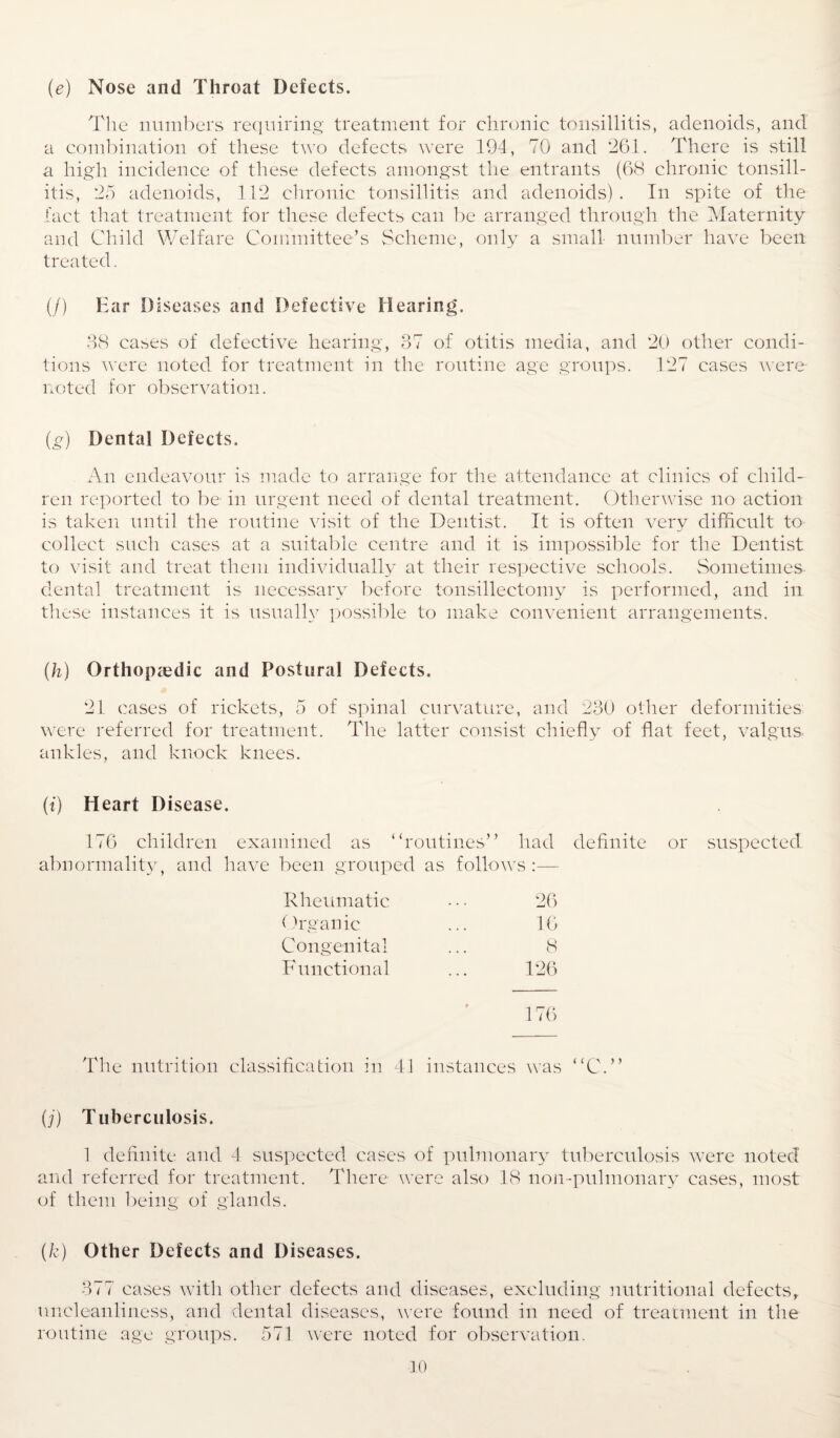 (e) Nose and Throat Defects. The numbers requiring treatment for chronic tonsillitis, adenoids, and a combination of these two defects were 194, 70 and 261. There is still a high incidence of these defects amongst the entrants (68 chronic tonsill¬ itis, 25 adenoids, 112 chronic tonsillitis and adenoids). In spite of the fact that treatment for these defects can be arranged through the Maternity and Child Welfare Committee’s Scheme, only a small number have been treated. (/) Ear Diseases and Defective Hearing. 38 cases of defective hearing, 37 of otitis media, and 20 other condi¬ tions were noted for treatment in the routine age groups. 127 cases were noted for observation. (g) Dental Defects. An endeavour is made to arrange for the attendance at clinics of child¬ ren reported to be in urgent need of dental treatment. Otherwise no action is taken until the routine visit of the Dentist. It is often very difficult to collect such cases at a suitable centre and it is impossible for the Dentist to visit and treat them individually at their respective schools. Sometimes dental treatment is necessary before tonsillectomy is performed, and in these instances it is usually possible to make convenient arrangements. (h) Orthopaedic and Postural Defects. 21 cases of rickets, 5 of spinal curvature, and 230 other deformities were referred for treatment. The latter consist chiefly of flat feet, valgus, ankles, and knock knees. (f) Heart Disease. 176 children examined as “routines” had definite or suspected abnormality, and have been grouped as follows :— Rheumatic 26 Organic 16 Congenital 8 Functional 126 176 The nutrition classification in 41 instances was “C.” {j) Tuberculosis. 1 definite and 4 suspected cases of pulmonary tuberculosis were noted and referred for treatment. There were also 18 non-pulmonary cases, most of them being of glands. (k) Other Defects and Diseases. 377 cases with other defects and diseases, excluding nutritional defects, uncleanliness, and dental diseases, were found in need of treatment in the routine age groups. 571 were noted for observation.