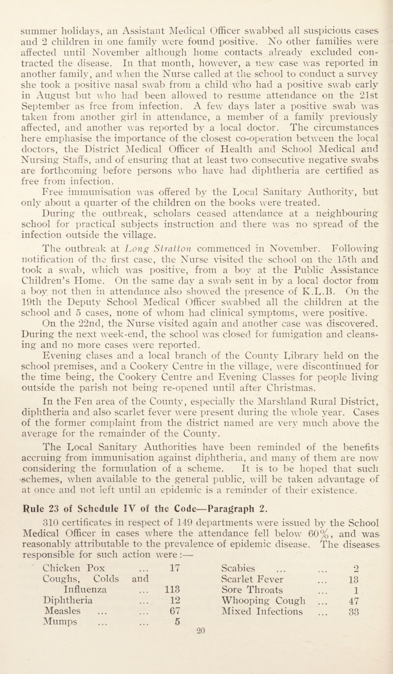 summer holidays, an Assistant Medical Officer swabbed all suspicious cases and 2 children in one family were found positive. No other families were affected until November although home contacts already excluded con¬ tracted the disease. In that month, however, a new case was reported in another family, and when the Nurse called at the school to conduct a survey she took a positive nasal swab from a child who had a positive swab early in August but who had been allowed to resume attendance on the 21st September as free from infection. A few days later a positive swab was taken from another girl in attendance, a member of a family previously affected, and another was reported by a local doctor. The circumstances here emphasise the importance of the closest co-operation between the local doctors, the District Medical Officer of Health and School Medical and Nursing Staffs, and of ensuring that at least two consecutive negative swabs are forthcoming before persons who have had diphtheria are certified as free from infection. Free immunisation was offered by the Local Sanitary Authority, but only about a quarter of the children on the books were treated. During the outbreak, scholars ceased attendance at a neighbouring school for practical subjects instruction and there was no- spread of the infection outside the village. The outbreak at Long Stratton commenced in November. Following notification of the first case, the Nurse visited the school on the 15th and took a swab, which was positive, from a boy at the Public Assistance Children’s Home. On the same day a swab sent in by a local doctor from a boy, not then in attendance also showed the presence of K.L.B. On the 19th the Deputy School Medical Officer swabbed all the children at the' school and 5 cases, none of whom had clinical symptoms, were positive. On the 22nd, the Nurse visited again and another case was discovered. During the next week-end, the school was closed for fumigation and cleans¬ ing and no- more cases were reported. Evening clases and a local branch of the County Library held on the school premises, and a Cookery Centre in the village, were discontinued for the time being, the Cookery Centre and Evening Classes for people living outside the parish not being re-opened until after Christmas. In the Fen area of the County, especially the Marshland Rural District, diphtheria and also- scarlet fever were present during the whole year. Cases of the former complaint from the district named are very much above the average for the remainder of the County. The Local Sanitary Authorities have been reminded of the benefits accruing from immunisation against diphtheria, and many of them are now considering the formulation of a scheme. It is to be hoped that such -schemes, when available to the general public, will be taken advantage of at once and not left until an epidemic is a reminder of their1 existence. Rule 23 of Schedule IV of the Code—Paragraph 2. 310 certificates in respect of 149 departments were issued by the School Medical Officer in cases where the attendance fell below 60%, and was reasonably attributable to the prevalence of epidemic disease. The diseases responsible for such Chicken Pox action were :— 17 Scabies 2 Coughs, Colds and Scarlet Fever 13 Influenza • • • 113 Sore Throats 1 Diphtheria • • • 12 Whooping Cough 47 Measles ... 67 Mixed Infections 33 Mumps ... 5