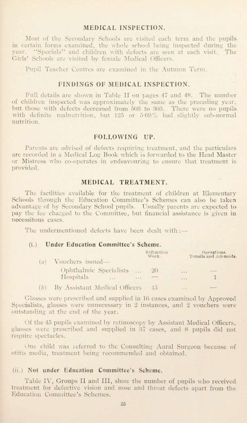 MEDICAL INSPECTION. Most of the Secondary Schools are visited each term and the pupils in certain forms examined, the whole school being inspected during the year. ‘‘Specials” and children with defects are seen at each visit. The Girls’ Schools are visited by female Medical Officers. Pupil Teacher Centres are examined in the Autumn Term. FINDINGS OF MEDICAL INSPECTION. Full details are shown in Table II on pages 47 and 48. The number of children inspected was approximately the same as the preceding year, but those with defects decreased from 503 to 303. There were no pupils with definite malnutrition, but 125 or 5'69% had slightly sub-normal nutrition. FOLLOWING UP. Parents are advised of defects requiring treatment, and the particulars are recorded in a Medical Log Book which is forwarded to the Head Master or Mistress who co-operates in endeavouring to ensure that treatment is provided. MEDICAL TREATMENT. The facilities available for the treatment of children at Elementary Schools through the Education Committee’s Schemes can also be taken advantage of by Secondary School pupils. Usually parents are expected to pay the fee charged to the Committee, but financial assistance is given in necessitous cases. The undermentioned defects have been dealt with :— Under Education Committee’s Scheme. Refraction Work. ) Vouchers issued—- Operations. Tonsils and Adenoids, Ophthalmic Specialists 20 — Hospitals — 1 ) By Assistant Medical Officers 45 — Glasses were prescribed and supplied in 16 cases examined by Approved Specialists, glasses were unnecessary in 2 instances, and 2 vouchers were outstanding at the end of the year. Of the 45 pupils examined by retinoscopy by Assistant Medical Officers, glasses were prescribed and supplied in 37 cases, and 8 pupils did not require spectacles. One child was ieferred to the Consulting Aural Surgeon because of otitis media, treatment being recommended and obtained. (ii.) Not under Education Committee’s Scheme. Table IV, Groups II and III, show the number of pupils who received treatment for defective vision and nose and throat defects apart from the Education Committee’s Schemes.