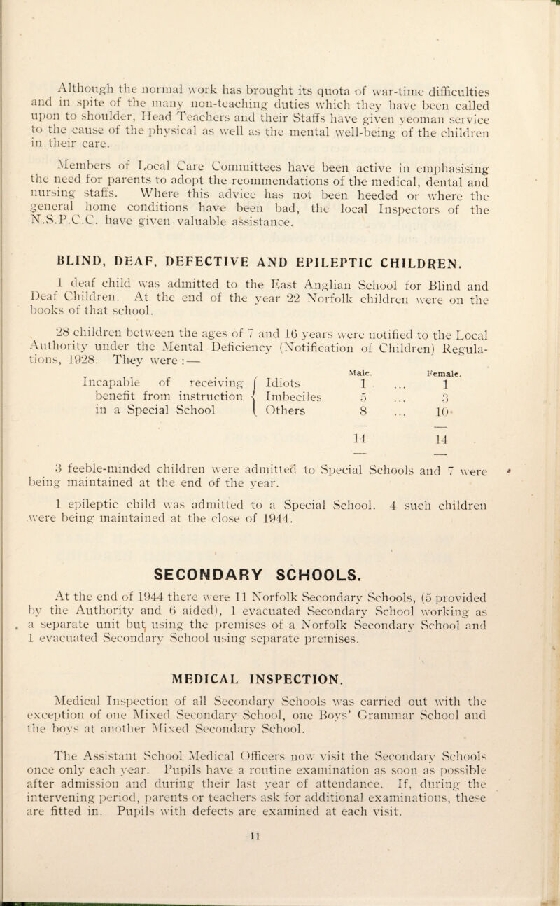 Although the normal work has brought its quota of war-time difficulties and in spite of the many non-teaching duties which they have been called upon to shoulder, Head Teachers and their Staffs have given yeoman service to the cause of the physical as well as the mental well-being of the children in their care. Members of Local Care Committees have been active in emphasising the need for parents to adopt the reommendations of the medical, dental and nursing staffs. Where this advice has not been heeded or where the general home conditions have been bad, the local Inspectors of the N.S.P.C.C. h ave given valuable assistance. BLIND, DEAF, DEFECTIVE AND EPILEPTIC CHILDREN. 1 deaf child was admitted to the East Anglian School for Blind and Deaf Children. At the end of the year 22 Norfolk children were on the books of that school. 28 children between the ages of 7 and 16 years were notified to the Local Authority under the Mental Deficiency (Notification of Children) Regula- tions, 1928. They were: — / Male. Female. Incapable of receiving j Idiots 1 1 benefit from instruction -j Imbeciles 5 3 in a Special School [ Others 8 10 14 14 3 feeble-minded children were admitted to Special Schools and 7 were * being maintained at the end of the year. 1 epileptic child was admitted to a Special School. 4 such children were being maintained at the close of 1944. SECONDARY SCHOOLS. At the end of 1944 there were 11 Norfolk Secondary Schools, (5 provided by the Authority and 6 aided), 1 evacuated Secondary School working as a separate unit but, using the premises of a Norfolk Secondary School and 1 evacuated Secondary School using separate premises. MEDICAL INSPECTION. Medical Inspection of all Secondary Schools was carried out with the exception of one Mixed Secondary School, one Boys’ Grammar School and the boys at another Mixed Secondary School. The Assistant School Medical Officers now visit the Secondary Schools once only each year. Pupils have a routine examination as soon as possible after admission and during their last year of attendance. If, during the intervening period, parents or teachers ask for additional examinations, these are fitted in. Pupils with defects are examined at each visit.