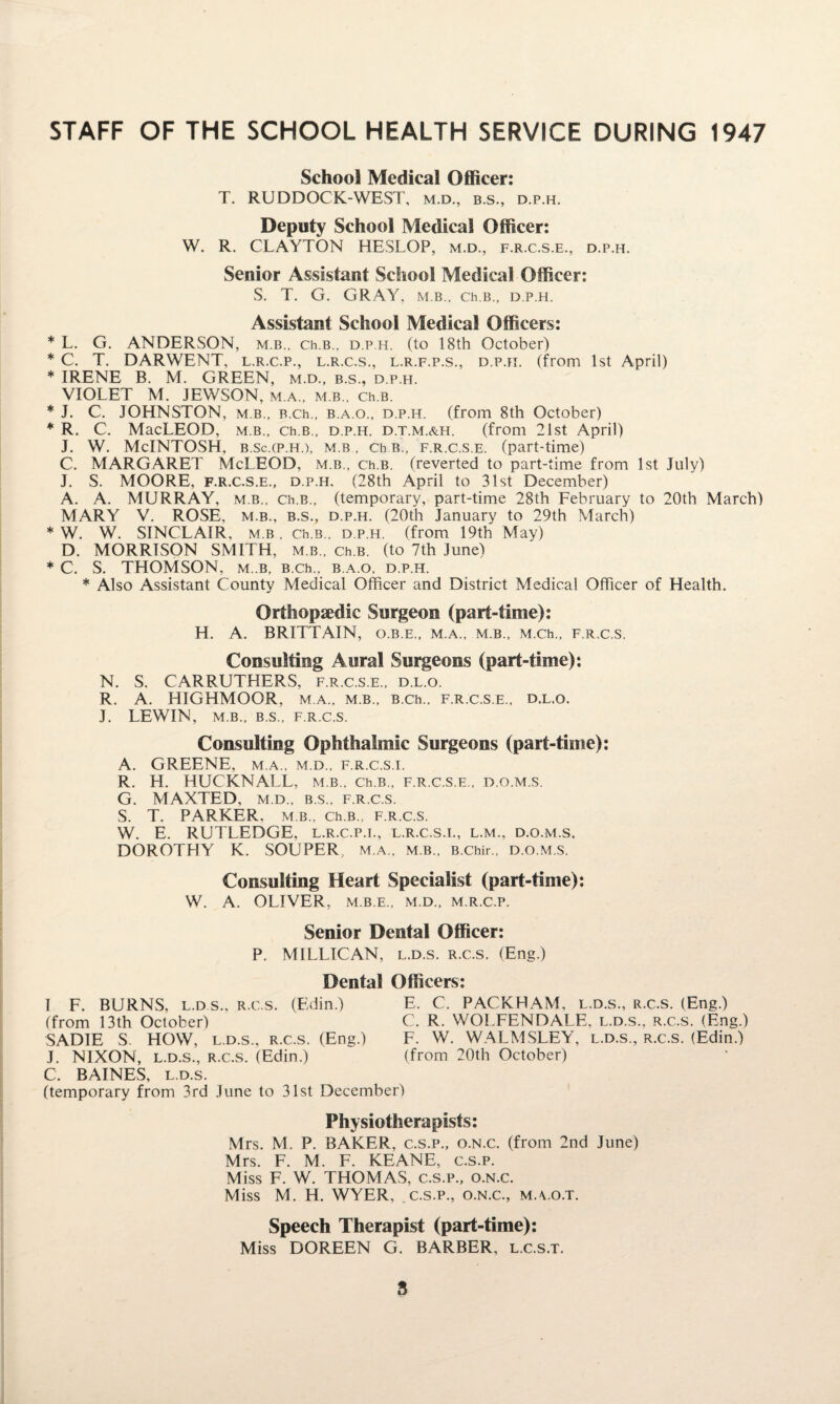 STAFF OF THE SCHOOL HEALTH SERVICE DURING 1947 School Medical Officer: T. RUDDOCK-WEST, m.d., b.s., d.p.h. Deputy School Medical Officer: W. R. CLAYTON HESLOP, m.d., f.r.c.s.e., d.p.h. Senior Assistant School Medical Officer: S. T. G. GRAY, mb.. ch.B., d.p.h. Assistant School Medical Officers: * L. G. ANDERSON, m.b., ch.B., d.p.h. (to 18th October) * C. T. DARWENT, l.r.c.p., l.r.c.s., l.r.f.p.s., d.p.h. (from 1st April) * IRENE B. M. GREEN, m.d., b.s., d.p.h. VIOLET M. JEWSON, m.a., m.b., ch.B. * J. C. JOHNSTON, m.b., B.ch., b.a.o., d.p.h. (from 8th October) * R. C. MacLEOD, m.b., ch.B., d.p.h. d.t.m.&h. (from 21st April) J. W. McINTOSH, b.scXp.h.), m.b , ch b., f.r.c.s.e. (part-time) C. MARGARET McLEOD, m.b., Ch.B. (reverted to part-time from 1st July) J. S. MOORE, f.r.c.s.e., d.p.h. (28th April to 31st December) A. A. MURRAY, m.b., Ch.B., (temporary, part-time 28th February to 20th March) MARY V. ROSE, m.b., b.s., d.p.h. (20th January to 29th March) * W. W. SINCLAIR, m.b , ch.B., d.p.h. (from 19th May) D. MORRISON SMITH, m.b., ch.B. (to 7th June) * C. S. THOMSON, m .b, B.ch., b.a.o, d.p.h. * Also Assistant County Medical Officer and District Medical Officer of Health. Orthopaedic Surgeon (part-time): H. A. BRITTAIN, o.b.e., m.a., m.b., M.ch., f.r.c.s. Consulting Aural Surgeons (part-time): N. S. CARRUTHERS, f.r.c.s.e., d.l.o. R. A. HIGHMOOR, m.a., m.b., B.ch.. f.r.c.s.e., d.l.o. J. LEWIN, M.B., B.S., F.R.C.S. Consulting Ophthalmic Surgeons (part-time): A. GREENE, m.a., m.d., f.r.c.s.i. R. H. HUCKNALL, m.b., Ch.B., f.r.c.s.e., d.o.m.s. G. MAXTED, m.d., b.s., f.r.c.s. S. T. PARKER, m b., ch.B., f.r.c.s. W. E. RUTLEDGE, l.r.c.p.i., l.r.c.s.i., l.m., d.o.m.s, DOROTHY K. SOUPER, m.a., mb., B.chir., d.o.m.s. Consulting Heart Specialist (part-time): W. A. OLIVER, M.B.E., M.D., M.R.C.P. Senior Dental Officer: P. MILLICAN, l.d.s. r.c.s. (Eng.) Dental Officers: I F. BURNS, l.d.s, r.c.s. (Edin.) (from 13th October) SADIE S. HOW, l.d.s., R.c.s. (Eng.) J. NIXON, l.d.s., r.c.s. (Edin.) C. BAINES, l.d.s. (temporary from 3rd June to 31st December) E. C. PACKHAM, l.d.s., r.c.s. (Eng.) C. R. WOLFENDALE, l.d.s., r.c.s. (Eng.) F. W. WALMSLEY, l.d.s., r.c.s. (Edin.) (from 20th October) Physiotherapists: Mrs. M. P. BAKER, c.s.p., o.n.c. (from 2nd June) Mrs. F. M. F. KEANE, c.s.p. Miss F. W. THOMAS, c.s.p., o.n.c. Miss M. H. WYER, c.s.p., o.n.c., m.\.o.t. Speech Therapist (part-time): Miss DOREEN G. BARBER, l.c.s.t. 5