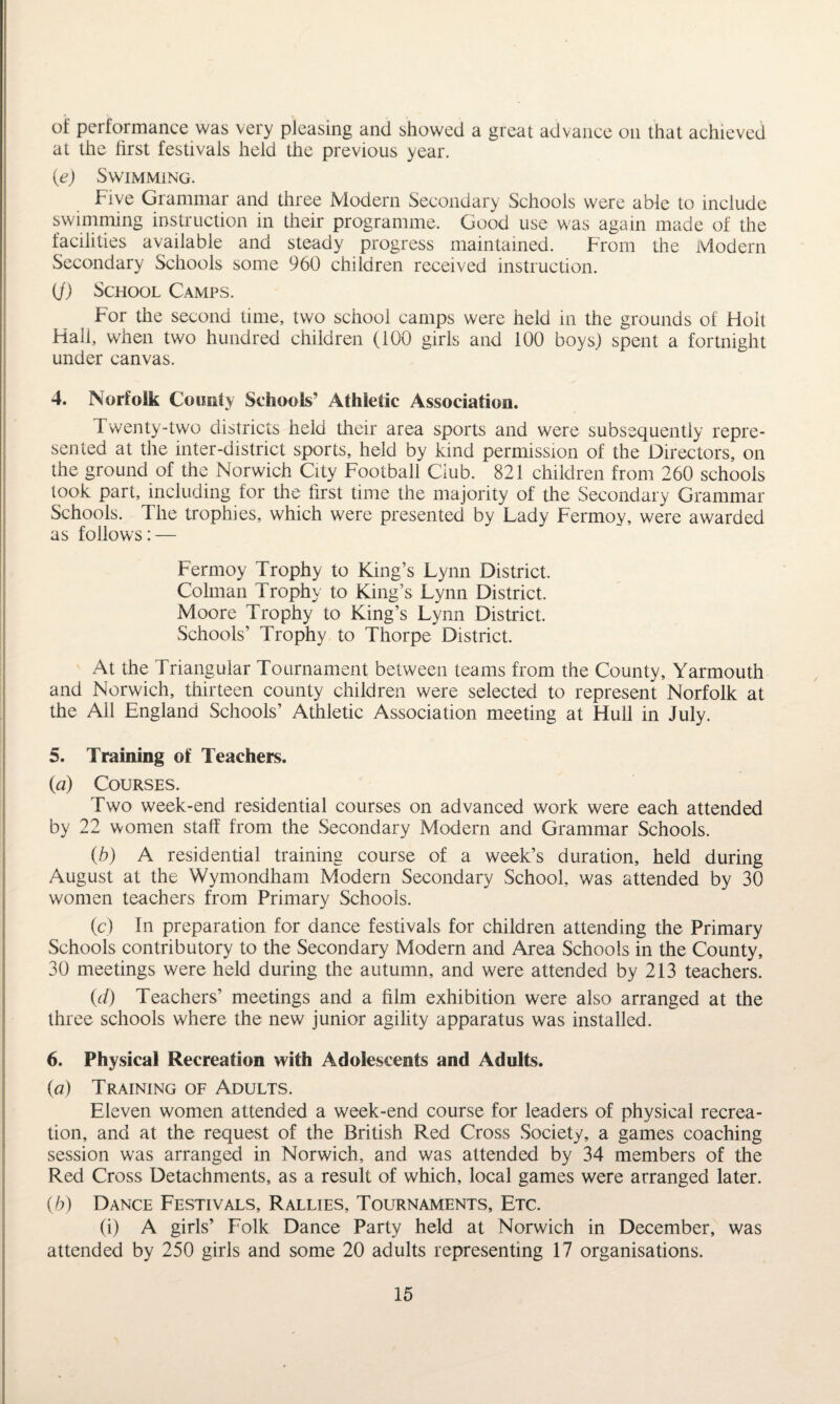 of performance was very pleasing and showed a great advance oil that achieved at the first festivals held the previous year. (e) Swimming. Five Grammar and three Modern Secondary Schools were able to include swimming instruction in their programme. Good use was again made of the facilities available and steady progress maintained. From the Modern Secondary Schools some 960 children received instruction. (J) School Camps. For the second time, two school camps were held in the grounds of Holt Hall, when two hundred children (100 girls and 100 boys) spent a fortnight under canvas. 4. Norfolk County Schools’ Athletic Association. Twenty-two districts held their area sports and were subsequently repre¬ sented at the inter-district sports, held by kind permission of the Directors, on the ground of the Norwich City Football Club. 821 children from 260 schools took part, including for the first time the majority of the Secondary Grammar Schools. The trophies, which were presented by Lady Fermoy, were awarded as follows: — Fermoy Trophy to King’s Lynn District, Colman Trophy to King’s Lynn District. Moore Trophy to King’s Lynn District. Schools’ Trophy to Thorpe District. At the Triangular Tournament between teams from the County, Yarmouth and Norwich, thirteen county children were selected to represent Norfolk at the Ail England Schools’ Athletic Association meeting at Hull in July. 5. Training of Teachers. (a) Courses. Two week-end residential courses on advanced work were each attended by 22 women staff from the Secondary Modern and Grammar Schools. (b) A residential training course of a week’s duration, held during August at the Wymondham Modern Secondary School, was attended by 30 women teachers from Primary Schools. (c) In preparation for dance festivals for children attending the Primary Schools contributory to the Secondary Modern and Area Schools in the County, 30 meetings were held during the autumn, and were attended by 213 teachers. (d) Teachers’ meetings and a film exhibition were also arranged at the three schools where the new junior agility apparatus was installed. 6. Physical Recreation with Adolescents and Adults. (a) Training of Adults. Eleven women attended a week-end course for leaders of physical recrea¬ tion, and at the request of the British Red Cross Society, a games coaching session was arranged in Norwich, and was attended by 34 members of the Red Cross Detachments, as a result of which, local games were arranged later. (b) Dance Festivals, Rallies, Tournaments, Etc. (i) A girls’ Folk Dance Party held at Norwich in December, was attended by 250 girls and some 20 adults representing 17 organisations.