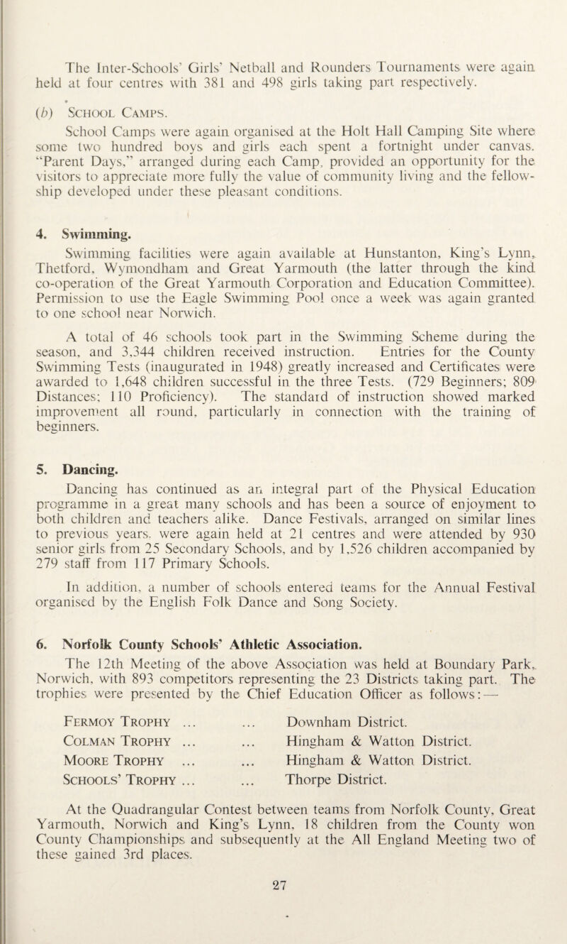 The Inter-Schools’ Girls’ Netball and Rounders Tournaments were again held at four centres with 381 and 498 girls taking part respectively. (b) School Camps. School Camps were again organised at the Holt Hall Camping Site where some two hundred boys and girls each spent a fortnight under canvas. “Parent Days,” arranged during each Camp, provided an opportunity for the visitors to appreciate more fully the value of community living and the fellow¬ ship developed under these pleasant conditions. 4. Swimming. Swimming facilities were again available at Hunstanton, King’s Lynn, Thetford, Wymondham and Great Yarmouth (the latter through the kind co-operation of the Great Yarmouth Corporation and Education Committee). Permission to use the Eagle Swimming Pool once a week was again granted to one school near Norwich. A total of 46 schools took part in the Swimming Scheme during the season, and 3,344 children received instruction. Entries for the County Swimming Tests (inaugurated in 1948) greatly increased and Certificates were awarded to 1,648 children successful in the three Tests, (729 Beginners; 809 Distances; 110 Proficiency). The standard of instruction showed marked improvement all round, particularly in connection with the training of beginners. 5. Dancing. Dancing has continued as an integral part of the Physical Education programme in a great many schools and has been a source of enjoyment to both children and teachers alike. Dance Festivals, arranged on similar lines to previous years, were again held at 21 centres and were attended by 930 senior girls from 25 Secondary Schools, and by 1,526 children accompanied by 279 staff from 117 Primary Schools, In addition, a number of schools entered teams for the Annual Festival organised by the English Folk Dance and Song Society. 6. Norfolk County Schools' Athletic Association. The 12th Meeting of the above Association was held at Boundary Park,. Norwich, with 893 competitors representing the 23 Districts taking part. The trophies were presented by the Chief Education Officer as follows: — Fermoy Trophy ... Colman Trophy ... Moore Trophy ... Schools’ Trophy ... Downham District. Hingham & Watton District. Hingham & Watton District. Thorpe District. At the Quadrangular Contest between teams from Norfolk County, Great Yarmouth, Norwich and King’s Lynn, 18 children from the County won County Championships and subsequently at the All England Meeting two of these gained 3rd places.