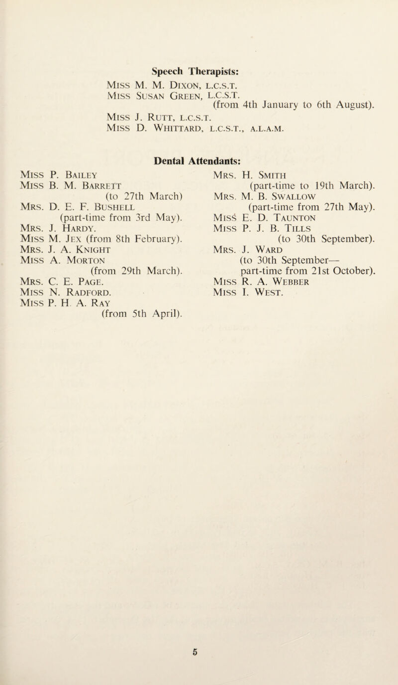 Speech Therapists: Miss M. M. Dixon, l.c.s.t. Miss Susan Green, l.c.s.t. (from 4th January to 6th August). Miss J. Rutt, l.c.s.t. Miss D. Whittard, l.c.s.t., a.l.a.m. Dental Attendants: Miss P. Bailey Miss B. M. Barrett (to 27th March) Mrs. D. E. F. Bushell (part-time from 3rd May). Mrs. J. Hardy. Miss M. Jex (from 8th February). Mrs. J. A. Knight Miss A. Morton (from 29th March). Mrs. C. E. Page. Miss N. Radford. Miss P. H A. Ray (from 5th April). Mrs. H. Smith (part-time to 19th March). Mrs. M. B. Swallow (part-time from 27th May). Miss E. D. Taunton Miss P. J. B. Tills (to 30th September). Mrs. J. Ward (to 30th September— part-time from 21st October). Miss R. A. Webber Miss I. West.