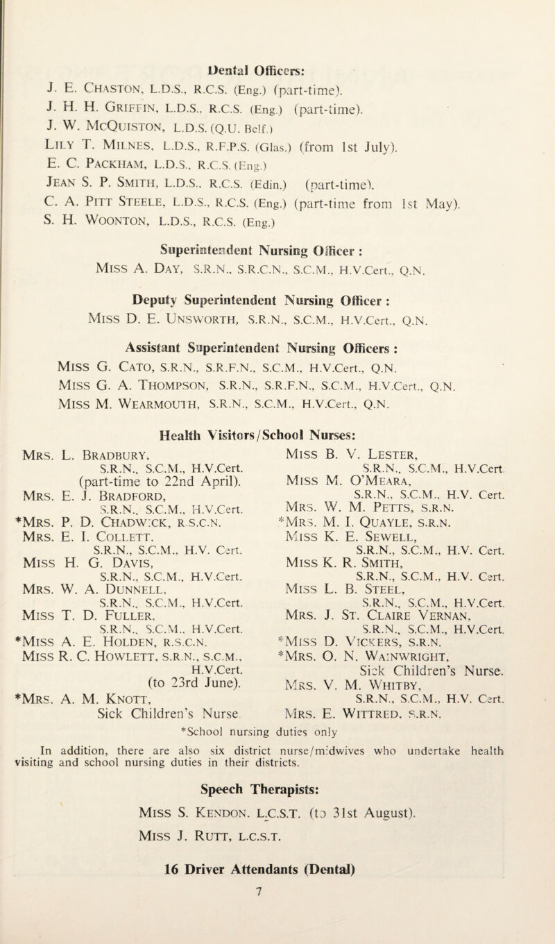 Dental Officers: J. E. Chaston, L.D.S., R.C.S. (Eng.) (part-time). J. H. H. Griffin, L.D.S., R.c.S. (Eng.) (part-time). J. W. McQuiSTON, L.D.S. (Q.U. Belt.) Lily T. Milnes, l.d.s., r.f.p.s. (Glas.) (from 1st July). E. C. PACKHAM, L.D.S., R.C.S. (Eng.) Jean S. P. Smith, l.d.s., R.c.S. (Edin.) (part-time). C. A. Pitt Steele, L.D.S., R.C.S. (Eng.) (part-time from 1st May). S. H. WOONTON, L.D.S., R.C.S. (Eng.) Superintendent Nursing Officer : Miss A. Day, s.r.n., s.r.c.n., s.c.m., H.v.Cert., q.n. Deputy Superintendent Nursing Officer : Miss D. E. Unsworth, s.r.n., s.c.m., H.v.Cert., q.n. Assistant Superintendent Nursing Officers : Miss G. Cato, s.r.n., s.r.f.n., s.c.m., H.v.Cert., q.n. Miss G. A. Thompson, s.r.n., s.r.f.n., s.c.m., H.v.Cert., q.n. Miss M. Wearmouth, s.r.n., s.c.m., H.v.Cert., q.n. Health Visitors/School Nurses: Mrs. L. Bradbury, Miss B. V. Lester, S.R.N., S.C.M., H.v.Cert Miss M. O’Meara, S.R.N., S.C.M., H.v.Cert. (part-time to 22nd April). Mrs. E. J. Bradford, S.R.N., S.C.M., H.V.Cert. ♦Mrs. P. D. Chadwick, r.s.c.n. Mrs. E. I. Collett, S.R.N., S.C.M., H.V. Cert. Miss H. G. Davis, S.R.N., S.C.M., H.v.Cert. Mrs. W. A. Dunnell, S.R.N., S.C.M., H.v.Cert. Miss T. D. Fuller, S.R.N.. S.C.M.. H.v.Cert. ♦Miss A. E. Holden, r.s.c.n. Miss R. C. Howlett, s.r.n., s.c.m., H.V.Cert. (to 23rd June). ♦Mrs. A. M. Knott, Sick Children’s Nurse S.R.N., S.C.M., H.V. Cert. Mrs. W. M. Petts, s.r.n. *Mrs. M. I. Quayle, s.r.n. Miss K. E. Sewell, S.R.N., S.C.M., H.V. Cert. Miss K. R. Smith, S.R.N., S.C.M., H.V. Cert. Miss L. B. Steel, S.R.N., S.C.M., H.v.Cert. Mrs. J. St. Claire Vernan, S.R.N., S.C.M., H.v.Cert. ♦Miss D. Vickers, s.r.n. ♦Mrs. O. N. Wainwright, Sick Children’s Nurse. Mrs. V. M. Whitby, S.R.N., S.C.M., H.V. CerL Mrs. E. Wittred, s.r.n. ^School nursing duties only In addition, there are also six district nurse/midwives who undertake health visiting and school nursing duties in their districts. Speech Therapists: Miss S. Kendon. L.C.S.T. (ta 31st August). Miss J. Rutt, l.c.s.t. 16 Driver Attendants (Dental)