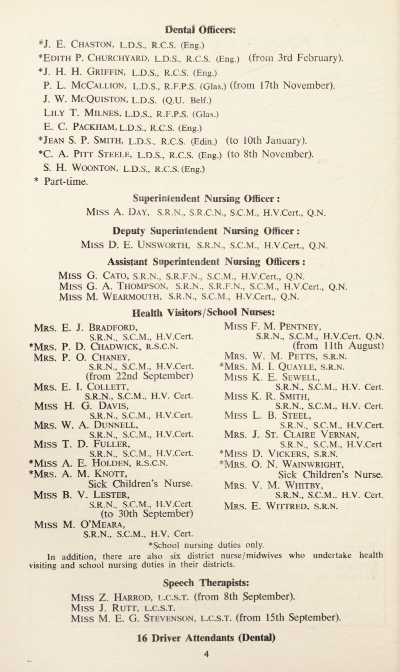 Dental Officers^ E. ChASTON, L.D.S., R.C.S. (Eng.) *Edith P. Churchyard, l.D.S., R.C.S. (Eng.) (from 3rd February). *J. H. H. Griffin, l.d.s., R.C.S. (Eng.) P. L. McCallion, l.d.s., R.F.P.S. (Glas.) (from 17th November). J. W. McQuiSTON, l.d.s. (Q.U. Belf.) Lily T. MilNES, l.d.s., R.F.P.S. (Glas.) E. C. PaCKHAM, l.d.s., R.C.S. (Eng.) *Jean S. P. Smith, l.d.s., R.C.S. (Edin.) (to 10th January). *C. A. Pitt Steele, l.d.s., R.C.S. (Eng.) (to 8th November). S. H. WOONTON, L.D.S., R.C.S. (Eng.) * Part-time. Seperintendeiit Nursing Officer : Miss A. Day, s.r.n., s.r.c.n., s.c.m., H.v.Cert., q.n. Deputy Superintendent Nursing Officer : Miss D. E. Unsworth, S.r.n., s.c.m., H.v.Cert., q.n. Assistant Superintendent Nursing Officers: Miss G. Cato, s.r.n., s.r.f.n., s.c.m., H.v.Cert., q.n. Miss G. A. Thompson, s.r.n., s.r.f.n., s.c.m., H.v.Cert., q.n. Miss M. Wearmouih, s.r.n., s.c.m., H.v.Cert., q.n. Health Visitors/School Nurses: Mrs. E. J. Bradford, Miss F. M. Pentney, S.R.N., S.C.M., H.v.Cert. ♦Mrs. P. D. Chadwick, r.s.c.n. Mrs. P. O. Chaney, S.R.N., S.C.M., H.v.Cert. (from 22nd September) Mrs. E. I. Collett, S.R.N., S.C.M., H.V. Cert. Miss H. G. Davis, S.R.N., S.C.M., H.v.Cert. Mrs. W. a. Dunnell, S.R.N., S.C.M., H.v.Cert. Miss T. D. Fuller, S.R.N., S.C.M., H.v.Cert. ♦Miss A. E. Holden, r.s.c.n. ♦Mrs. a. M. Knott, Sick Children’s Nurse. Miss B. V. Lester, S.R.N., S.C.M., H.v.Cert. (to 30th September) Miss M. O’Meara, S.R.N., S.C.M., H.V. Cert. Mrs. W. M. Petts, s.r.n. ♦Mrs. M. I. Quayle, s.r.n. Miss K. E. Sewell, S.R.N., S.C.M., H.V. Cert. Miss K. R. Smith, S.R.N., S.C.M., H.V. Cert. Miss L. B. Steel, S.R.N., S.C.M., H.v.Cert. Mrs. j. St. Claire Vernan, S.R.N., S.C.M., H.v.Cert ♦Miss D. Vickers, s.r.n. ♦Mrs. O. N. Wainwright, Sick Children’s Nurse. Mrs. V. M. Whitby, S.R.N., S.C.M., H.V. Cert. Mrs. E. Wittred, s.r.n. S.R.N., S.C.M., H.v.Cert. Q.N. (from 11th August) ^School nursing duties only. In addition, there are also six district nurse/midwives who undertake health visiting and school nursing duties in their districts. Speech Therapists: Miss Z. Harrod, l.c.s.t. (from 8th September). Miss J. Rutt, l.c.s.t. Miss M. E. G. Stevenson, l.c.s.t. (from 15th September). 16 Driver Attendants (Dental)