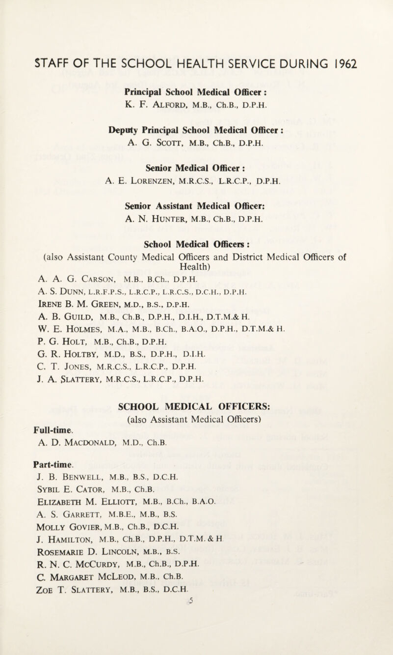 STAFF OF THE SCHOOL HEALTH SERVICE DURING 1962 Principal School Medical Officer : K. F. Alford, m.b., Ch.B., d.p.h. Deputy Principal School Medical Officer: A. G. Scott, m.b., Ch.B., d.p.h. Senior Medical Officer: A. E. LoRENZEN, M.R.C.S., L.R.C.P., D.P.H. Senior Assistant Medical Officer: A. N. Hunter, m.b., Ch.B., d.p.h. School Medical Officers : (also Assistant County Medical Officers and District Medical Officers of Health) A. A. G. Carson, m.b., B.Ch., d.p.h. A. S. Dunn, l.r.f.p.s., l.r.c.p., l.r.c.s., d.c.h., d.p.h. Irene B. M. Green, m.d., b.s., d.p.h. A. B. Guild, m.b., Ch.B., d.p.h., d.i.h., d.t.m.&h. W. E. Holmes, m.a., m.b., B.Ch., b.a.o., d.p.h., d.t.m.&h. P. G. Holt, m.b., Ch.B., d.p.h. G. R. Holtby, m.d., b.s., d.p.h., d.i.h. C. T. Jones, M.R.C.S., L.R.C.P., D.P.H. J. A. Slattery, m.r.c.s., l.r.c.p., d.p.h. SCHOOL MEDICAL OFFICERS: (also Assistant Medical Officers) Full-time. A. D. Macdonald, m.d., Ch.B. Part-time. J. B. BENWELL, M.B., B.S., D.C.H. Sybil E. Cator, m.b., Ch.B. Elizabeth M. Elliott, m.b., B.Ch., b.a.o. A. S. Garrett, m.b.e., m.b., b.s. Molly Govier, m.b., Ch.B., d.c.h. J. Hamilton, m.b., Ch.B., d.p.h., d.t.m.&h Rosemarie D. Lincoln, m.b., b.s. R. N. C. McCurdy, m.b., Ch.B., D.P.H. C. Margaret McLeod, m.b.. Ch.B. Zoe T. Slattery, m.b, B.S., D.C.H.