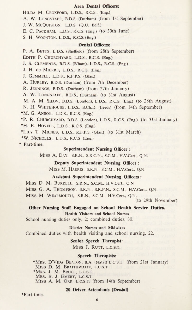 Area Dental Officers: Hilda M. Croxford, L.D.S., R.C.S., (Eng.) A. W. Longstaff, B.D.S. (Durham) (from 1st September) J. W. McQuiSTON, L.D.S. (Q.U. Belf.) E. C. Packham, L.D.S., R.C.S. (Eng.) (to 30th June) S. H. WOONTON, L.D.S., R.C.S. (Eng.) Dental Officers: P. A. Betts, L.D.S. (Sheffield) (from 28th September) Edith P. Churchyard, L.D.S., R.C.S. (Eng.) J. S. Clements, B.D.S. (B’ham), L.D.S., R.C.S. (Eng.) J. H. de MlERRE, L.D.S., R.C.S. (Eng.) J. GEMMELL, L.D.S., R.F.P.S. (Glas.) A. Hurley, B.D.S. (Durham) (from 7th December) R. Jennings, B.D.S. (Durham) (from 27th January) A. W. Longstaff, b.d.S., (Durham) (to 31st August) M. A. M. Shaw, B.D.S. (London), L.D.S., R.C.S. (Eng.) (to 28th August) N. H. Whitehouse, L.D.S., B.Ch.D. (Leeds) (from 14th September) *M. G. Anson, l.d.s., R.C.S. (Eng.) *P. R. Churchyard, b.d.S. (London), L.D.S., R.C.S. (Eng.) (to 31st January) *H. E. HOVELL, L.D.S., R.C.S. (Eng.) *Lily T. Milnes, L.d.s., R.F.P.S. (Glas.) (to 31st March) *W. NlCHOLLS, L.D.S., R.C.S (Eng.) Part-time. Superintendent Nursing Officer : Miss A. Day, S.R.N., S.R.C.N., S.C.M., H.V.Cert., Q.N. Deputy Superintendent Nursing Officer : Miss M. Harris, s.r.n., S.C.M., H.V.Cert., Q.N. Assistant Superintendent Nursing Officers : Miss D. M. Burrell, s.r.n., S.C.M., H.V.Cert., Q.N Miss G. A. Thompson, s.r.n., s.r.f.n., s.c.m., H.V.Cert., q.n. Miss M. WearMOUTH, S.R.N., S.C.M., H.V.Cert., Q.N. (to 29th November) Other Nursing Staff Engaged on School Health Service Duties. Health Visitors and School Nurses School nursing duties only, 2; combined duties, 30. District Nurses and Midwives Combined duties with health visiting and school nursing, 22. Senior Speech Therapist: Miss J. Rutt, l.c.s.t. Speech Therapists: *Mrs. D’Vida Beaton, B.A. (Natal) L.C.S.T. (from 21st January) Miss D. M. Braithwaite, l.c.s.t. *Mrs. J. M. Bruce, l.c.s.t. Mrs. B. J. Emery, l.c.s.t. Miss A. M. Orr, l.c.s.t. (from 14th September) 20 Driver Attendants (Dental) *Pait-time.