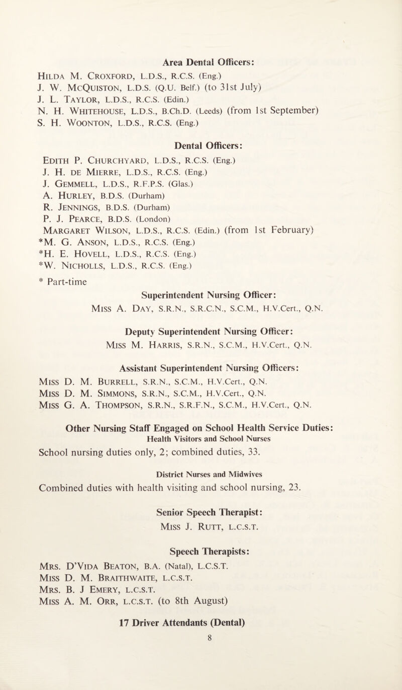 Area Dental Officers: Hilda M. Croxford, L.D.S., R.C.S. (Eng.) J. W. McQuiston, l.d.s. (Q.U. Belf.) (to 31st July) J. L. Taylor, l.d.s., r.C.s. (Edin.) N. H. Whitehouse, L.D.S., B.Ch.D. (Leeds) (from 1st September) S. H. WOONTON, L.D.S., R.C.S. (Eng.) Dental Officers: Edith P. Churchyard, l.d.s., r.C.s. (Eng.) J. H. DE MlERRE, L.D.S., R.C.S. (Eng.) J. GeMMELL, L.D.S., R.F.P.S. (Glas.) A. Hurley, B.D.S. (Durham) R. Jennings, b.d.s. (Durham) P. J. Pearce, B.D.S. (London) Margaret Wilson, l.d.s., R.C.S. (Edin.) (from 1st February) *M. G. Anson, l.d.s., r.C.s. (Eng.) *H. E. HOVELL, L.D.S., R.C.S. (Eng.) *W. NlCHOLLS, L.D.S., R.C.S. (Eng.) * Part-time Superintendent Nursing Officer: Miss A. Day, S.R.N., S.R.C.N., S.C.M., H.V.Cert., Q.N. Deputy Superintendent Nursing Officer: Miss M. Harris, S.R.N., S.C.M., H.V.Cert., Q.N. Assistant Superintendent Nursing Officers: Miss D. M. Burrell, s.r.n., s.C.m., H.V.Cert., Q.N. Miss D. M. Simmons, s.r.n., s.C.m., H.V.Cert., Q.N. Miss G. A. Thompson, s.r.n., s.r.f.n., s.C.m., H.V.Cert., q.n. Other Nursing Staff Engaged on School Health Service Duties: Health Visitors and School Nurses School nursing duties only, 2; combined duties, 33. District Nurses and Midwives Combined duties with health visiting and school nursing, 23. Senior Speech Therapist: Miss J. Rutt, l.c.s.t. Speech Therapists: Mrs. D’Yida Beaton, b.a. (Natal), l.c.s.t. Miss D. M. Braithwaite, l.c.s.t. Mrs. B. J Emery, l.c.s.t. Miss A. M. Orr, l.c.s.t. (to 8th August) 17 Driver Attendants (Dental)