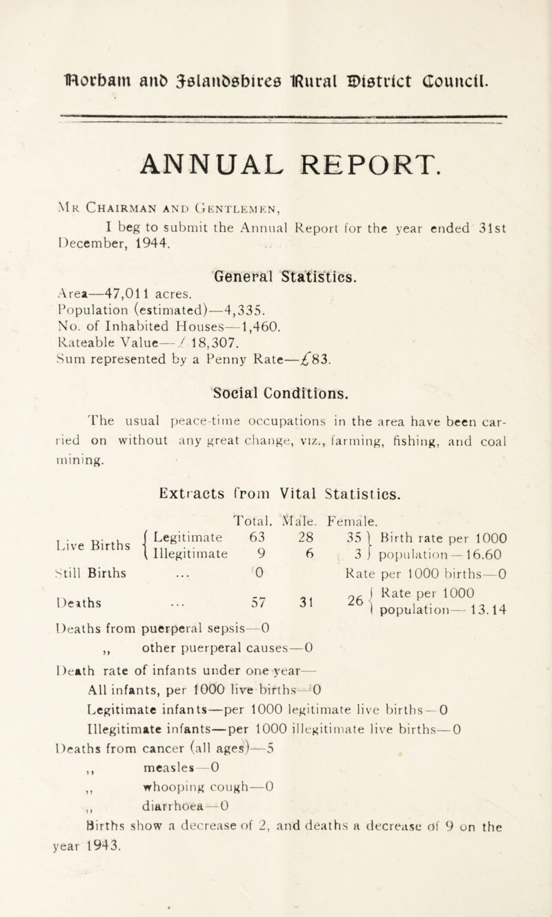 Worbam attb Jslanbsbiree IRural District Council. ANNUAL REPORT. Mr Chairman and Gentlemen, I beg to submit the Annual Report for the year ended 31st December, 1944. General Statistics. Area—47,011 acres. Population (estimated)—4,335. No. of Inhabited Houses—1,460. Rateable Value—/ 18,307. Sum represented by a Penny Rate—/*83. Social Conditions. The usual peace-time occupations in the area have been car¬ ried on without any great change, viz., farming, fishing, and coal mining. Extracts from Vital Statistics. , . . ( Legitimate 63 Live Births 1 T1, . . . n ( Illegitimate 9 Still Births Total. Male. 28 9 6 0 l )eiths 57 31 Deaths from puerperal sepsis—0 other puerperal causes—0 Female. 35 | Birth rate per 1000 3 j population —16.60 Rate per 1000 births—0 2£ ( Rate per 1000 I population—13.14 Death rate of infants under one year— All infants, per 1000 live births—0 Legitimate infants—per 1000 legitimate live births —0 Illegitimate infants—per 1000 illegitimate live births—0 Deaths from cancer (all ages)—5 ,, measles—0 ,, whooping cough—0 ,, diarrhoea—0 Births show a decrease of 2, and deaths a decrease of 9 on the year 1943.