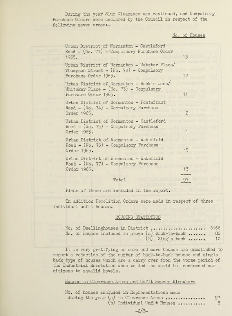 During the year Slum Clearance was continued, and Compulsory Purchase Orders were declared by the Council in respect of the following seven areas:- No. of Houses Urban District of Normanton - Castleford Road - (No. 71) - Compulsory Purchase Order 1965. 13 Urban District of Normanton - Webster Place/ Thompson Street - (No. 72) - Compulsory Purchase Order 1965. 12 Urban District of Normanton - Buckle Lane/ Whitaker Place - (No. 75) - Compulsory Purchase Order 1965. 11 Urban District of Normanton - Pontefract Road - (No. 74) - Compulsory Purchase Order 1965. 2 Urban District of Normanton - Castleford Road - (No. 75) - Compulsory Purchase Order 1965. 1 Urban District of Normanton - Wakefield Road - (No. 76) - Compulsory Purchase Order 1965. 45 Urban District of Normanton - Wakefield Road - (No. 77) - Compulsory Purchase Order 1965. 13 Total 97 Plans of these are included in the report. In addition Demolition Orders were made in respect of three individual unfit houses. HOUSING STATISTICS No. of Dwellinghouses in District .... 6166 No. of Houses included in above (a) Back-to-back. 80 (b) Single back. 10 It is very gratifying as more and more houses are demolished to report a reduction of the number of back-to-back houses and single back type of houses which are a carry over from the worse period of the Industrial Revolution when we led the world but condemned our citizens to squalid hovels. Houses in Clearance Areas and Unfit Houses Elsewhere No. of houses included in Representations made during the year (a) in Clearance Areas . 97