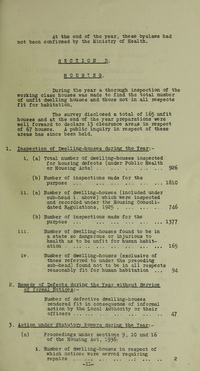 At the end of the year, these byelaws had not been confirmed by the Ministry of Health. SECTION D. HOUSING. During the year a thorough inspection of the working class houses was made to find the total number of unfit dwelling houses and those not in all respects fit for habitation. The survey disclosed a total of 165 unfit houses and at the end of the year preparations were well forward to declare 13 clearance areas in respect of 67 houses. A public inquiry in respect of these areas has since been held. 1. Inspection of Dwelling-houses during the Year:- i. (a) Total number of dwelling-houses inspected for housing defects (under Public Health or Housing Acts). 926 . (b) Number of inspections made for the purpose ... ... .l8l0 ii. (a) Number of dwelling-houses (included under sub-head i. above) which were inspected and recorded under the Housing Consoli¬ dated Regulations, 1925. 74& (b) Number of inspections made for the purpose ... 1377 iii. Number of dwelling-houses found to be in a state so dangerous or injurious to health as to be unfit for human habit¬ ation . 165 iv. Number of dwelling-houses (exclusive of those referred to under the preceding sub-head) found not to be in all respects reasonably fit for human habitation ... 94 2• Remedy of Defects during the Year without Service of formal Notices:- Number of defective dwelling-houses rendered fit in consequence of informal action by the Local Authority or their officers . 3• Action under Statutory Powers during the Year:- (a) Proceedings under sections 9> 10 and 16 of the Housing Act, 1936; i. Number of dwelling-houses in respect of which notices were served requiring -11- 47 • •
