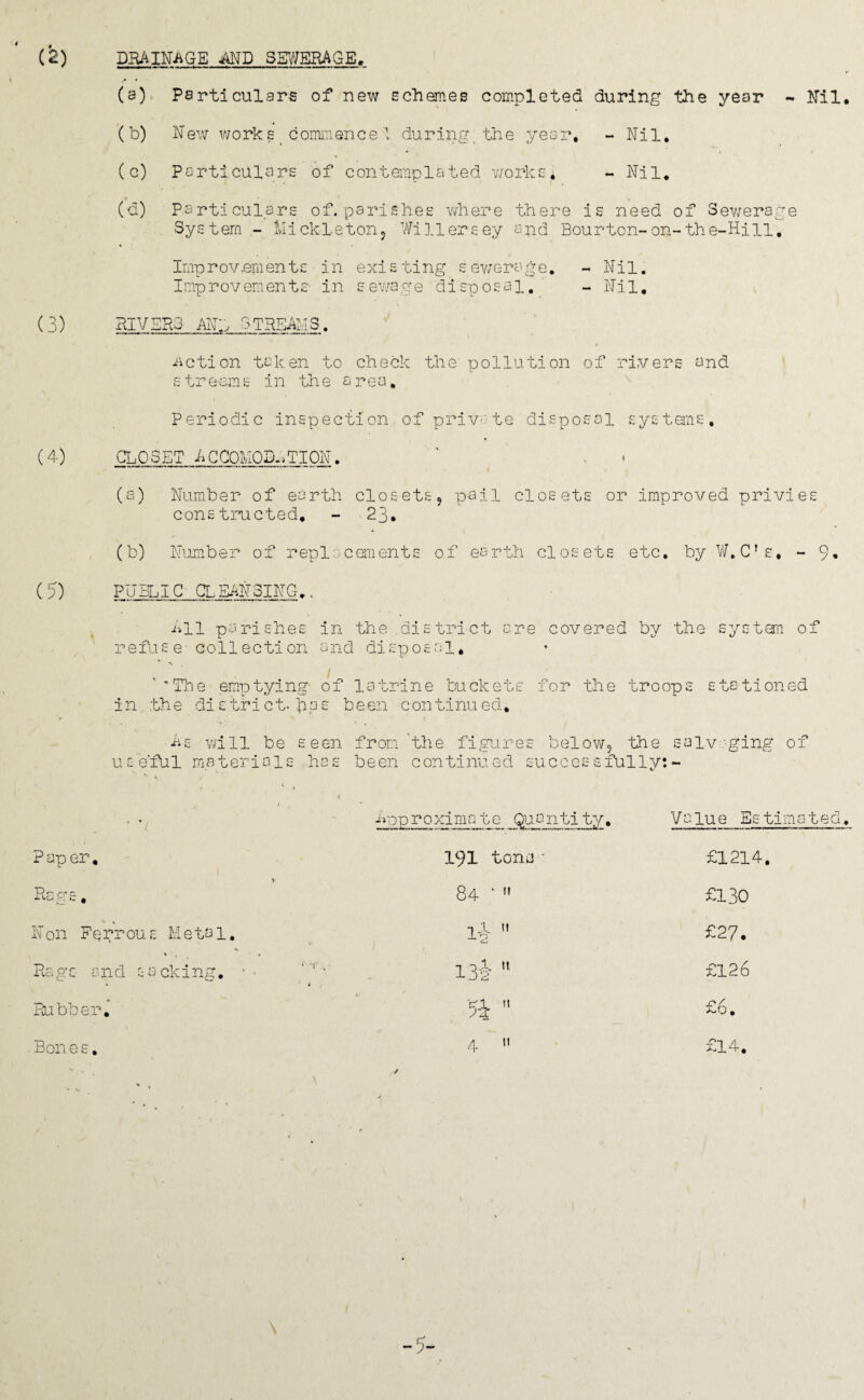 DRAINAGE AND SEWERAGE. (a) > Particulars of new schemes completed during the year - Nil, (b) New work s _ commence 1 during the year, - Nil, (c) Particulars of contemplated works. - Nil, (d) Particulars of. parishes where there is need of Sewerage System - Mickleton, Willersey apd Bourton-on-the-Hill, Improvements in existing sewerage, - Nil. Improvements- in sewage disposal. - Nil. RIVERS an:, streams. i .action taken to check the pollution of rivers and streams in the area. Periodic inspection of private disposal systems, CLOSET ACCOMODATION. (a) Number of earth closets, pail closets or improved privies constructed, - •23, (b) Number of replacements of earth closets etc, by W.C's, - 9* PUBLIC CLEANSING., All parishes in the district are covered by the system of refUee-collection and disposal, 'The emptying of latrine buckets for the troops stationed in the district-has been continued. As will be seen u s e'fu 1 m a t er i a Is ha s from the figures below9 the saiv.-ging been continued successfully: - of ' '( )proxima te Quariti ty. Value Estimated. ? ap er, 191 tona• £1214 Rags. CO £130 N on Fe rr ou s M e ta 1, 1-2-  £27. > v V « Rags and sacking. • -* 13'2-  £126 Rubber. %  £6. Bon e s. 4 11 £14. . -5-
