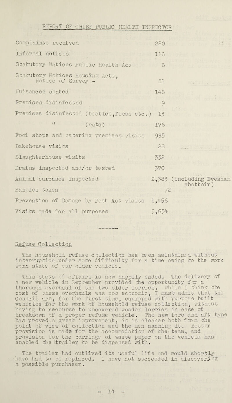 Complaints received Informal notices Statutory Notices Public Health Act Statutory Notices Housing Acts, Notice of Survey - Nuisances abated Premises disinfected Premises disinfested (beeties,fleas etc. n (rats) Pood shops and catering premises visits Bakehouse visits Slaughterhouse visits Drains inspected and/or tested Animal carcases inspected Samples taken Prevention of Damage by Pest Act visits Visits made for all purposes 220 116 6 81 148 9 ) 13 176 935 28 332 370 2,383 (including Evesham abattoir) 72 1,456 5,654 Refuse Collection The household refuse collection has be en maintained without interruption under some difficulty for a time owing to the work worn state of our older vehicle. This state of affairs is now happily ended. The delivery of a new vehicle in September provided the opportunity for a thorough overhaul of the two older lorries. While I think the cost of these overhauls was nob economic, I must admit that the Council are, for the first time, equipped with purpose built vehicles for the work of household refuse collection, without having to recourse to uncovered wooden lorries in case of breakdown of a proper refuse vehicle. The new fore and aft type has proved a great improvement, it is cleaner both from the point of view of collection and the men manning it. Better provision is made for the accommodation of the- team, and provision for the carriage of waste paper on the vehicle has enabled the ttrailer to be dispensed with. The trailer had outlived its useful life and would shortly have had to be replaced. I have not succeeded in discovering a possible purchaser.